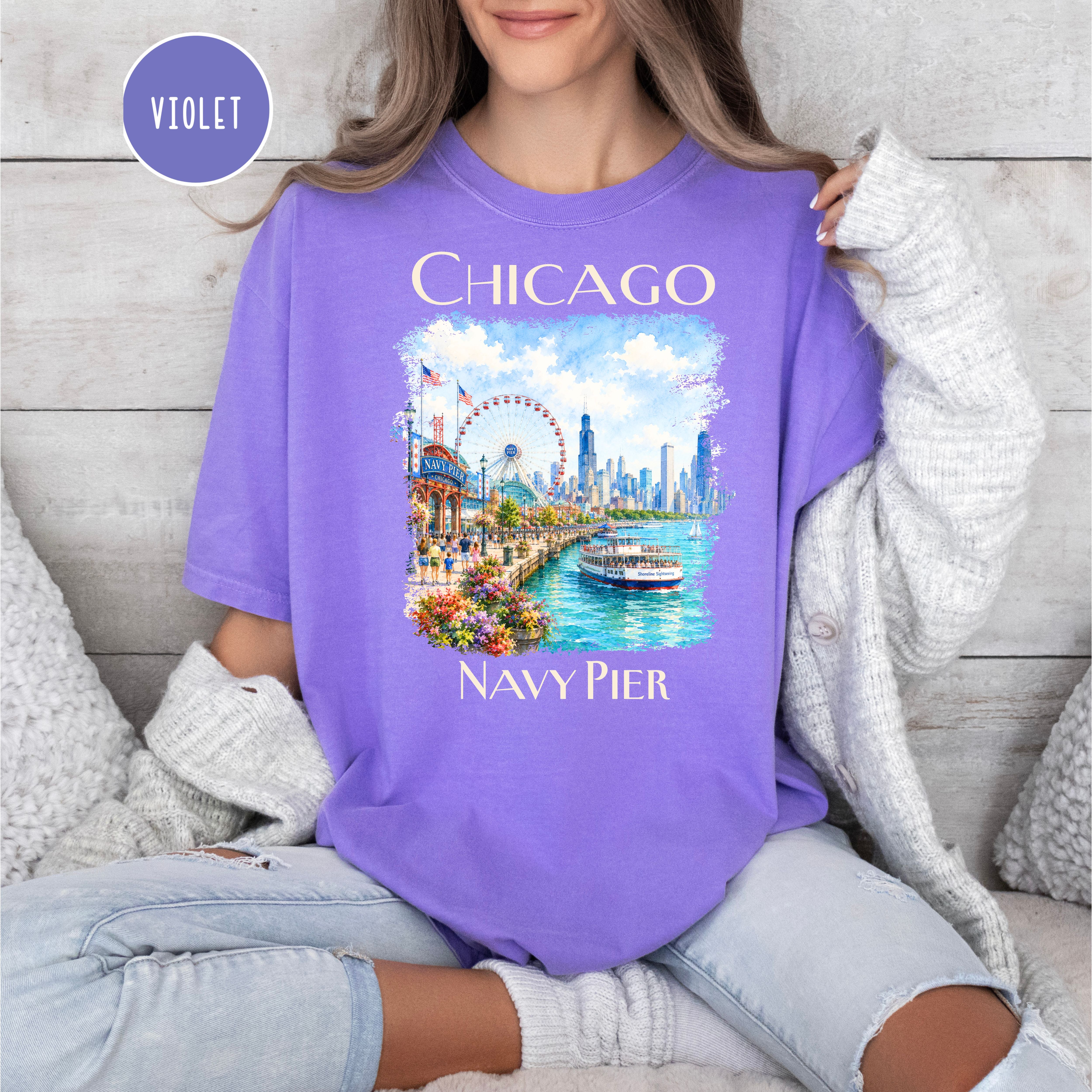 Chicago Navy Pier Unisex Comfort Colors Travel T-Shirt, Chicago Vacation Gift Shirt, Navy Pier Shirt, Traveler Gift, Chicago Lover Gift Tee