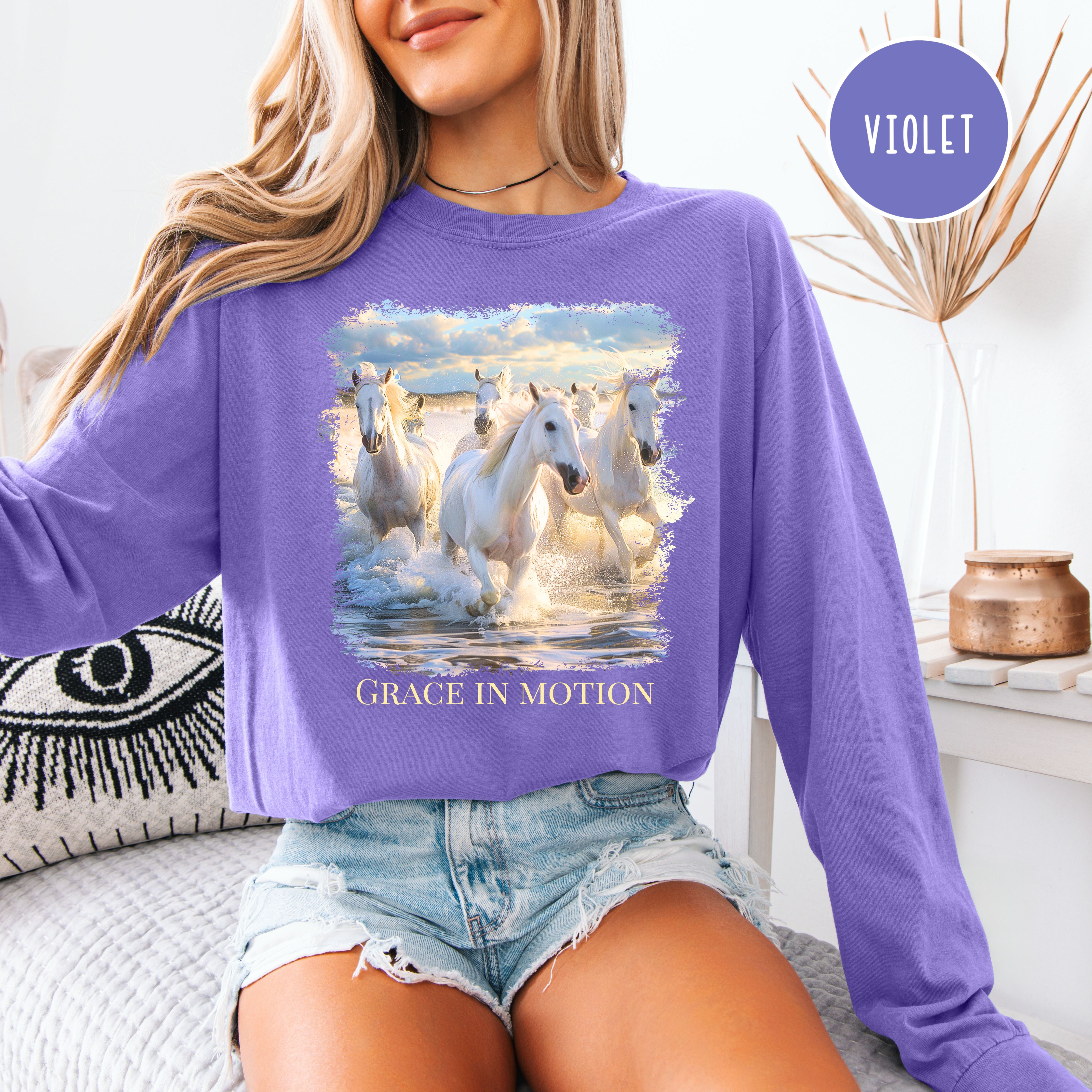 Horse Lover Comfort Colors Long Sleeve Tee Shirts, Beautiful White Horse on the Beach