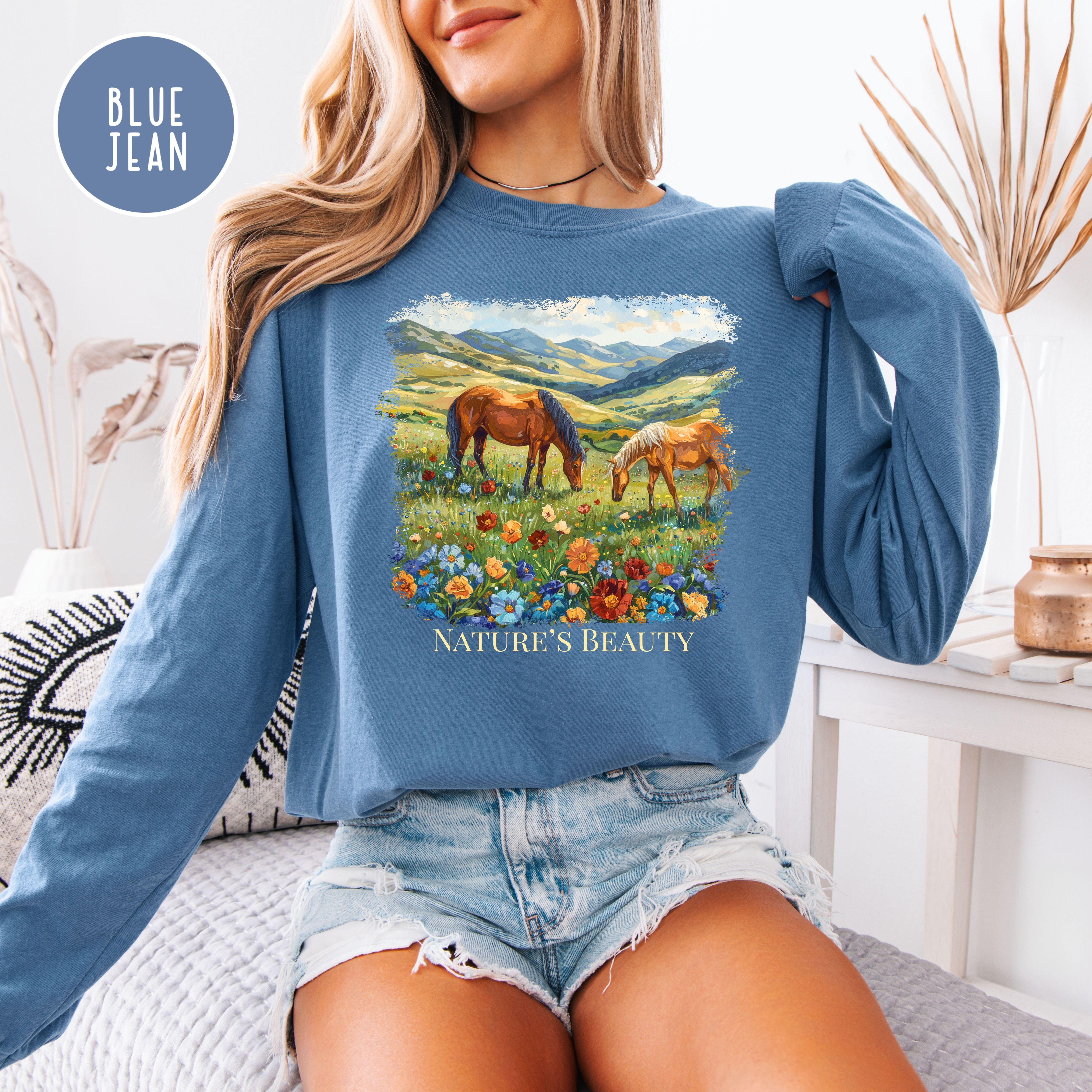 Beautiful Horses in a Field of Flowers Long Sleeve Comfort Colors Horse Lover Gift Tee