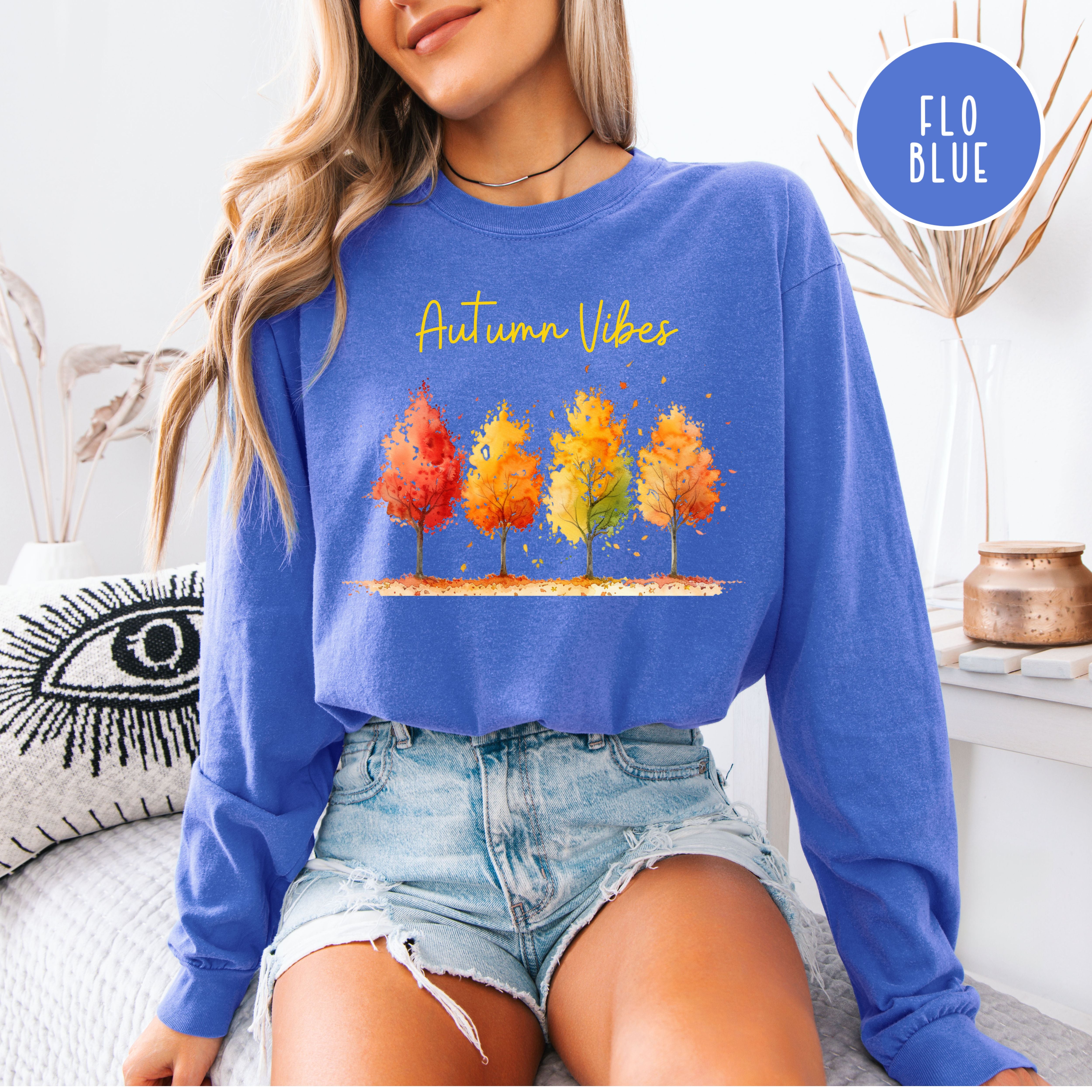 Autumn Vibes Colorful Fall Leaves Unisex Long Sleeve Comfort Colors Tee, Thanksgiving Season Gift