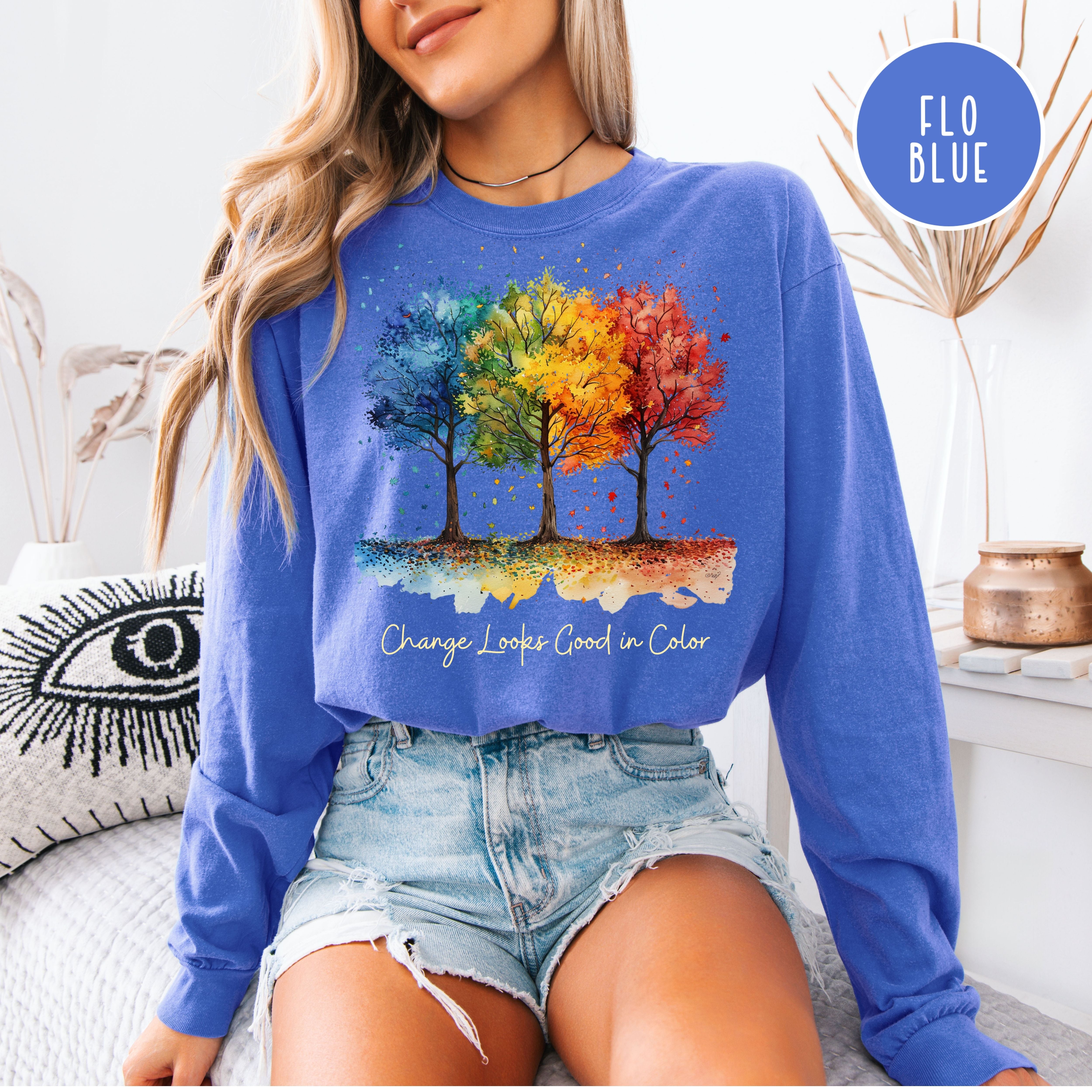 Change Looks Good In Color Autumn Unisex Comfort Colors Long Sleeve Fall Tee
