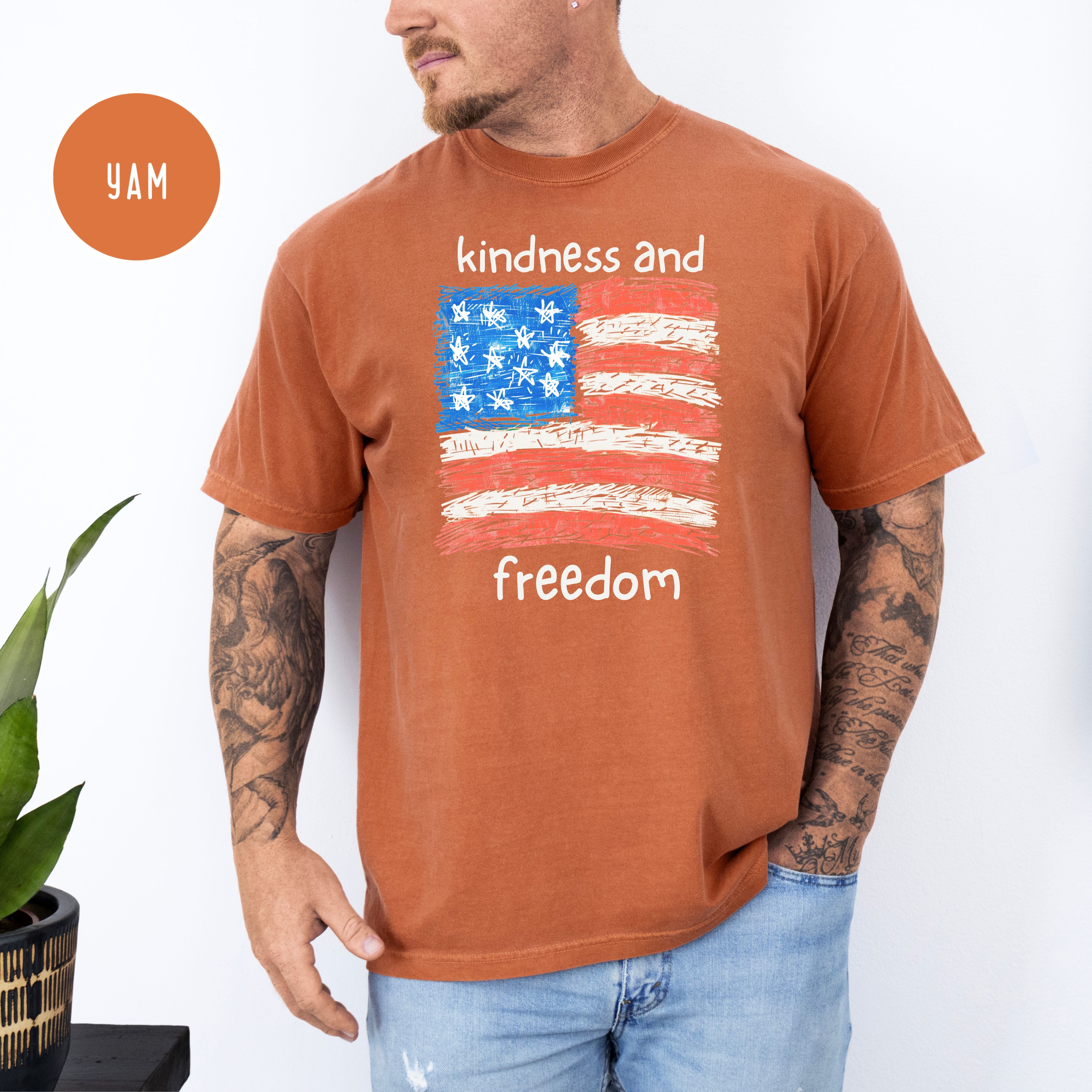 Freedom and Kindness 4th of July Shirt, USA Flag Drawing Comfort Colors T-Shirt, Fun Patriotic Shirt, Kindness Shirt, Be Kind Gift Shirt