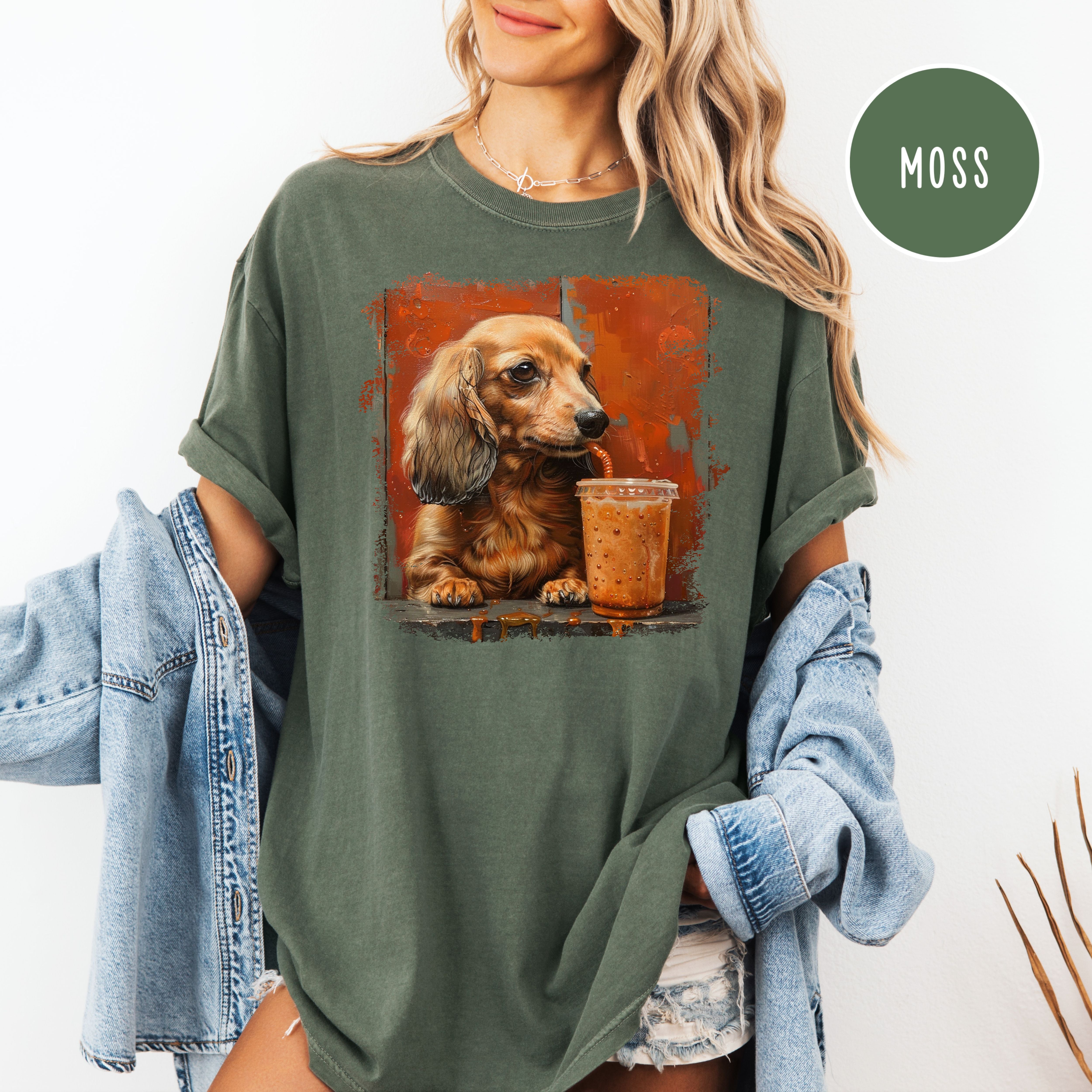 Dachshund Lover Comfort Colors T-Shirt, Doxie Mama Shirt, Dachshund Drinking Coffee, Dog Lover Art, Wiener Dog Shirt, Sausage Dog Gift