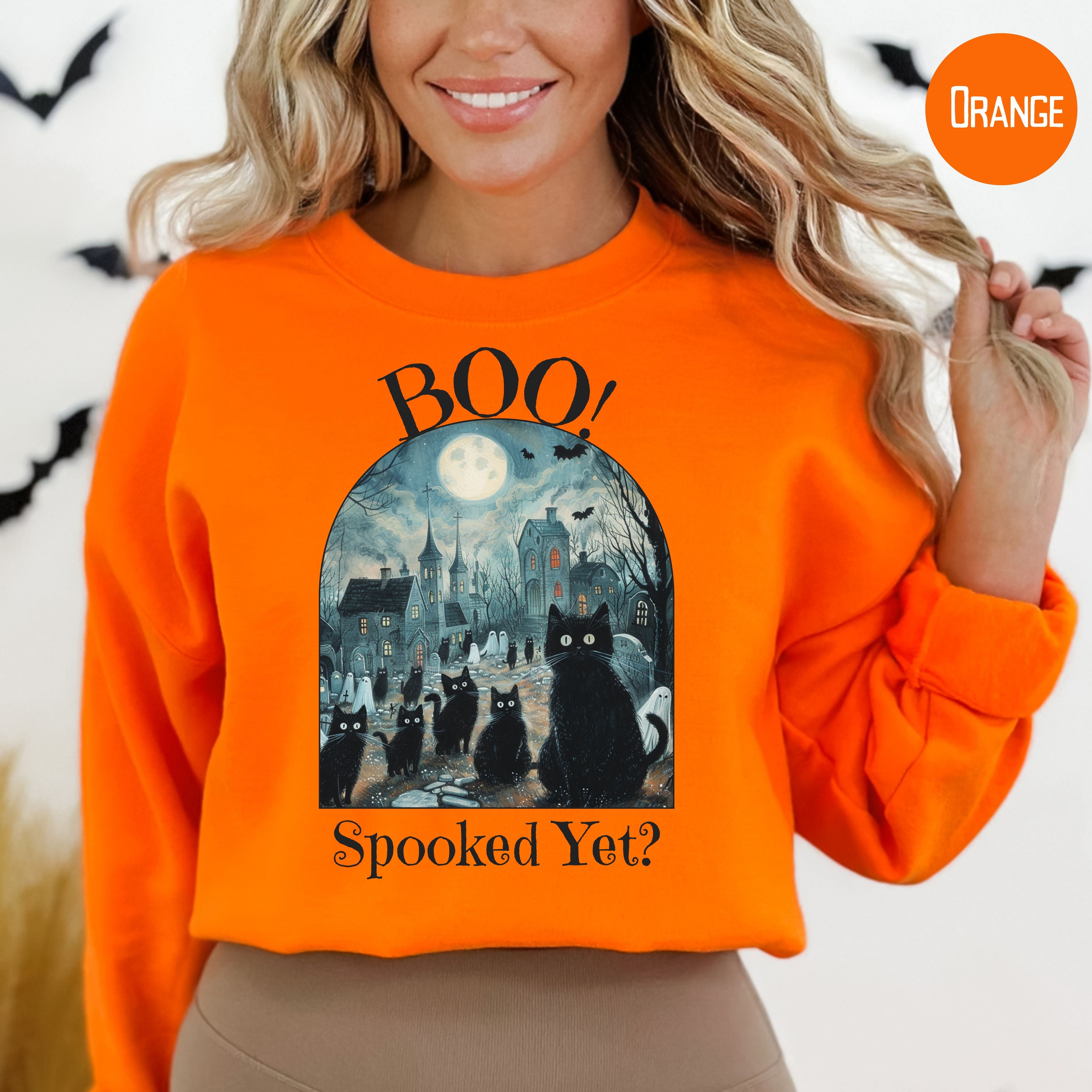 Black Cats and Ghosts in Graveyard Halloween Sweatshirt