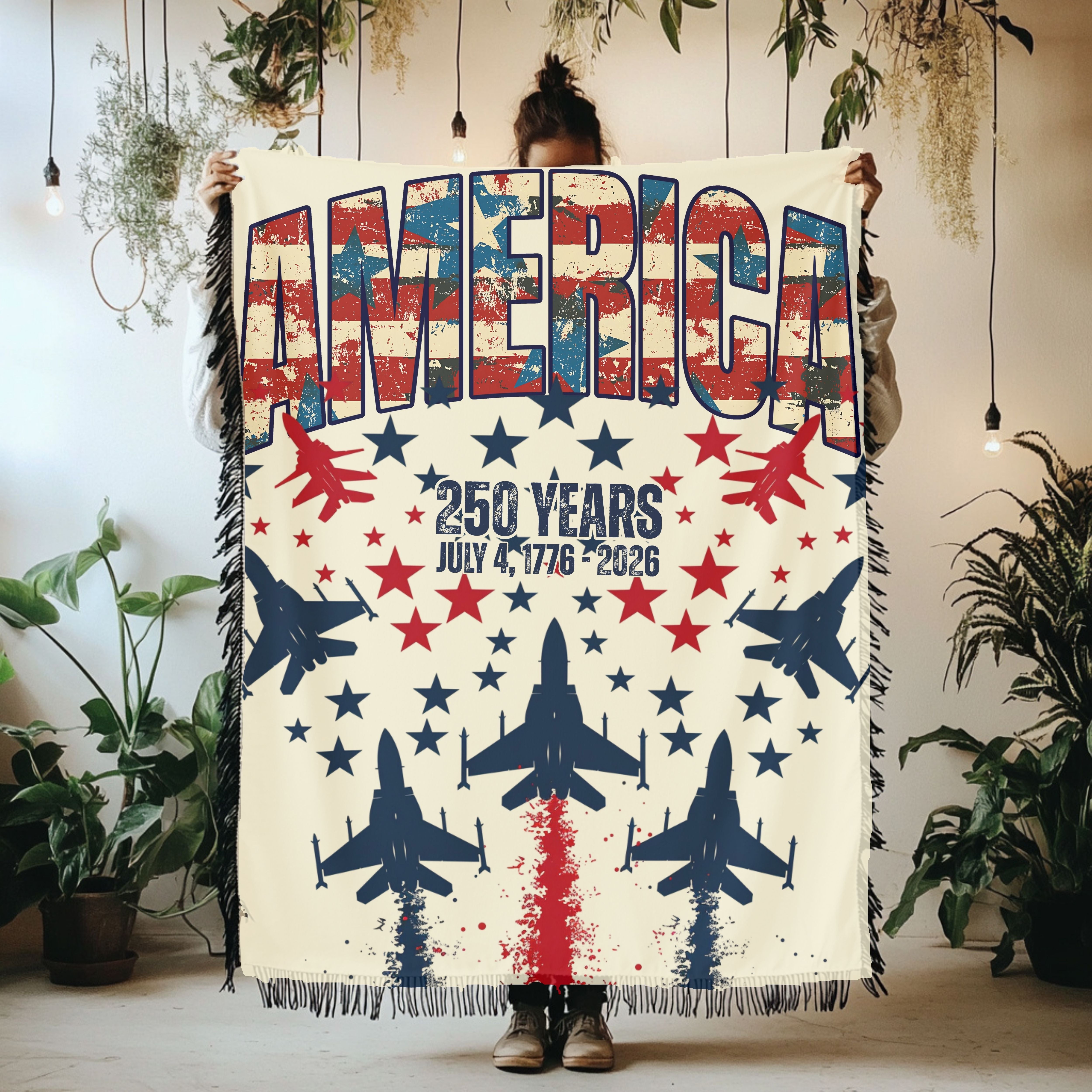 Patriotic American Woven Throw Blanket, America 250 Year Anniversary 4th of July Gift Souvenir