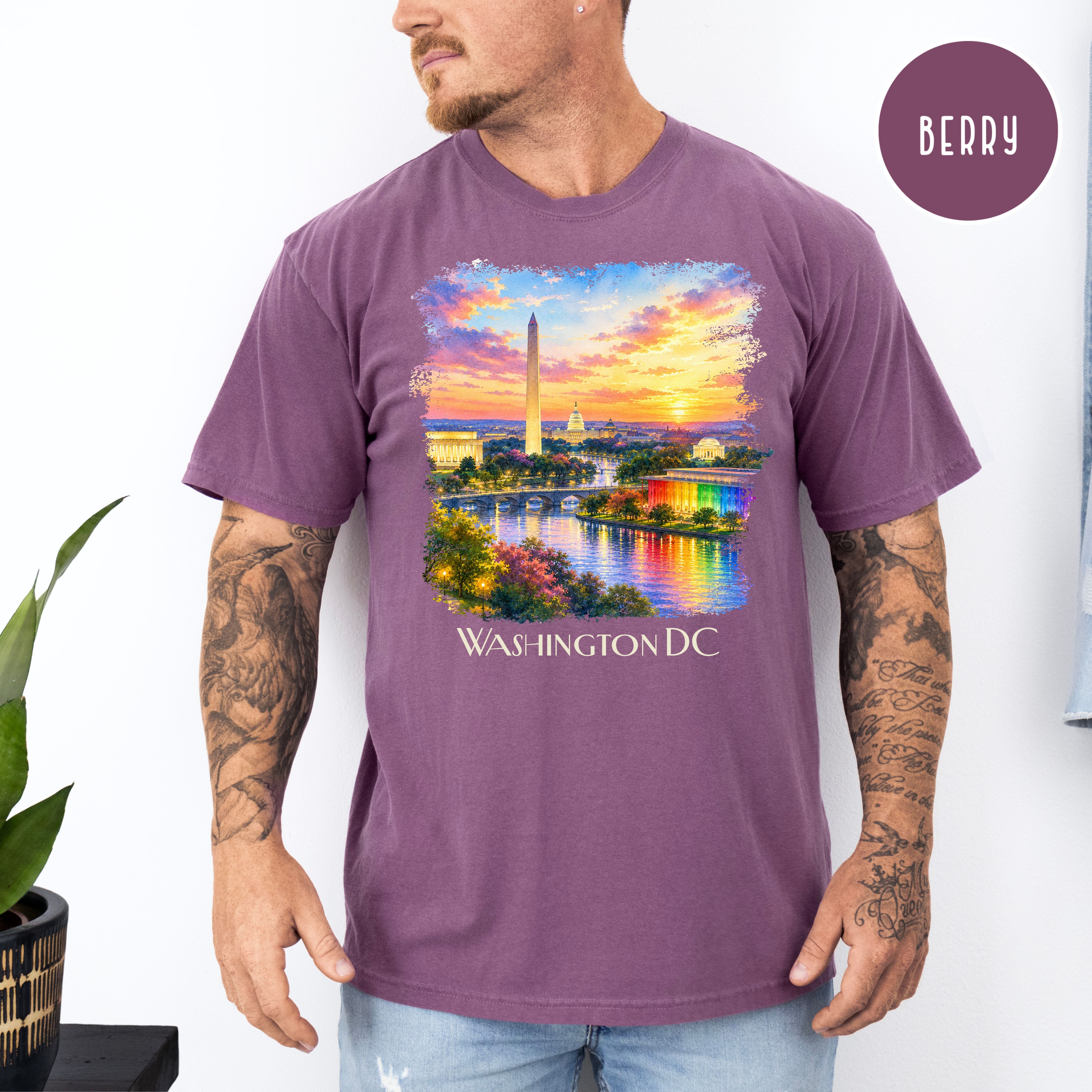Washington DC at Sunset, Kennedy Center and Washington Monuments Unisex Comfort Colors T-Shirt, Kennedy Center for Pride Washington Travel