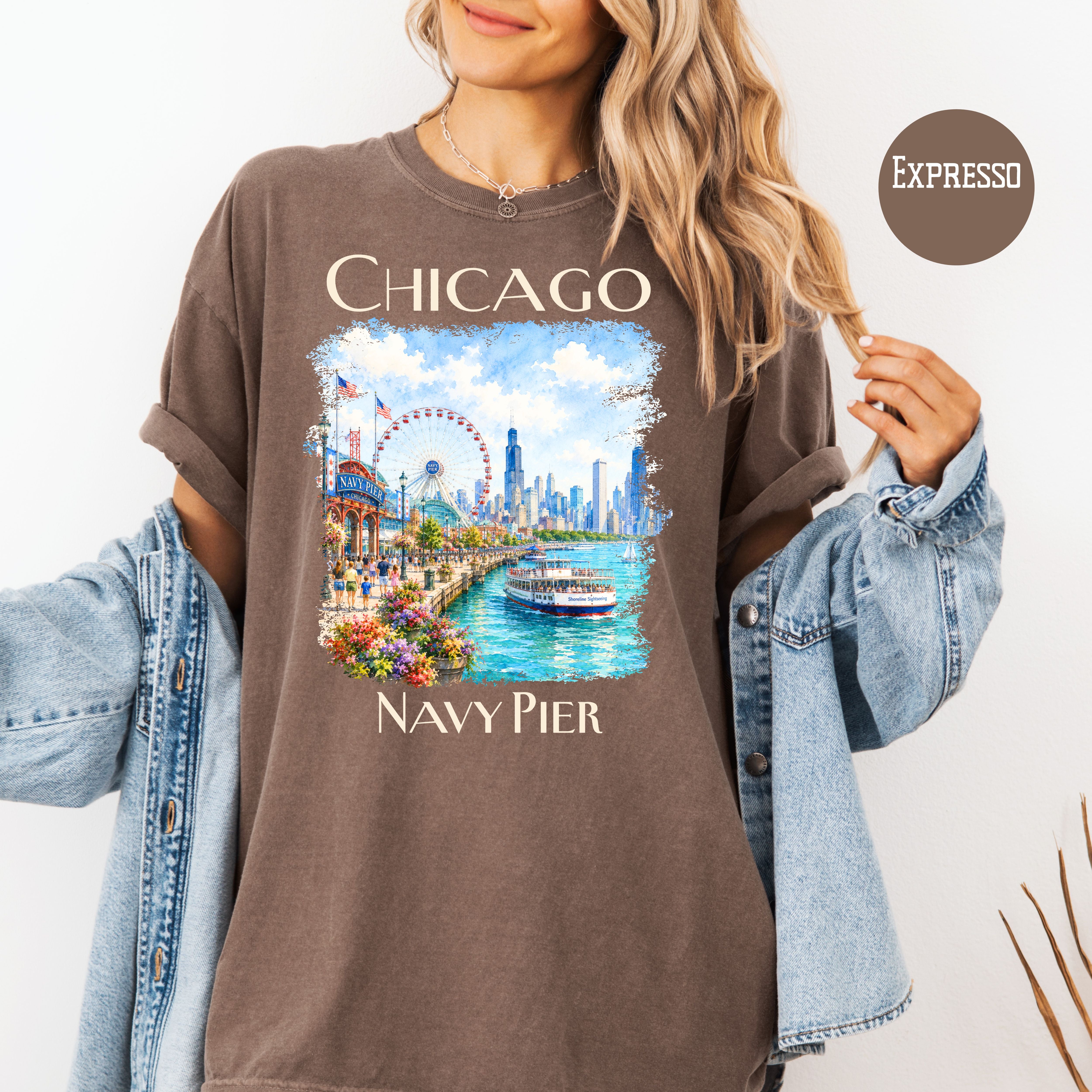 Chicago Navy Pier Unisex Comfort Colors Travel T-Shirt, Chicago Vacation Gift Shirt, Navy Pier Shirt, Traveler Gift, Chicago Lover Gift Tee