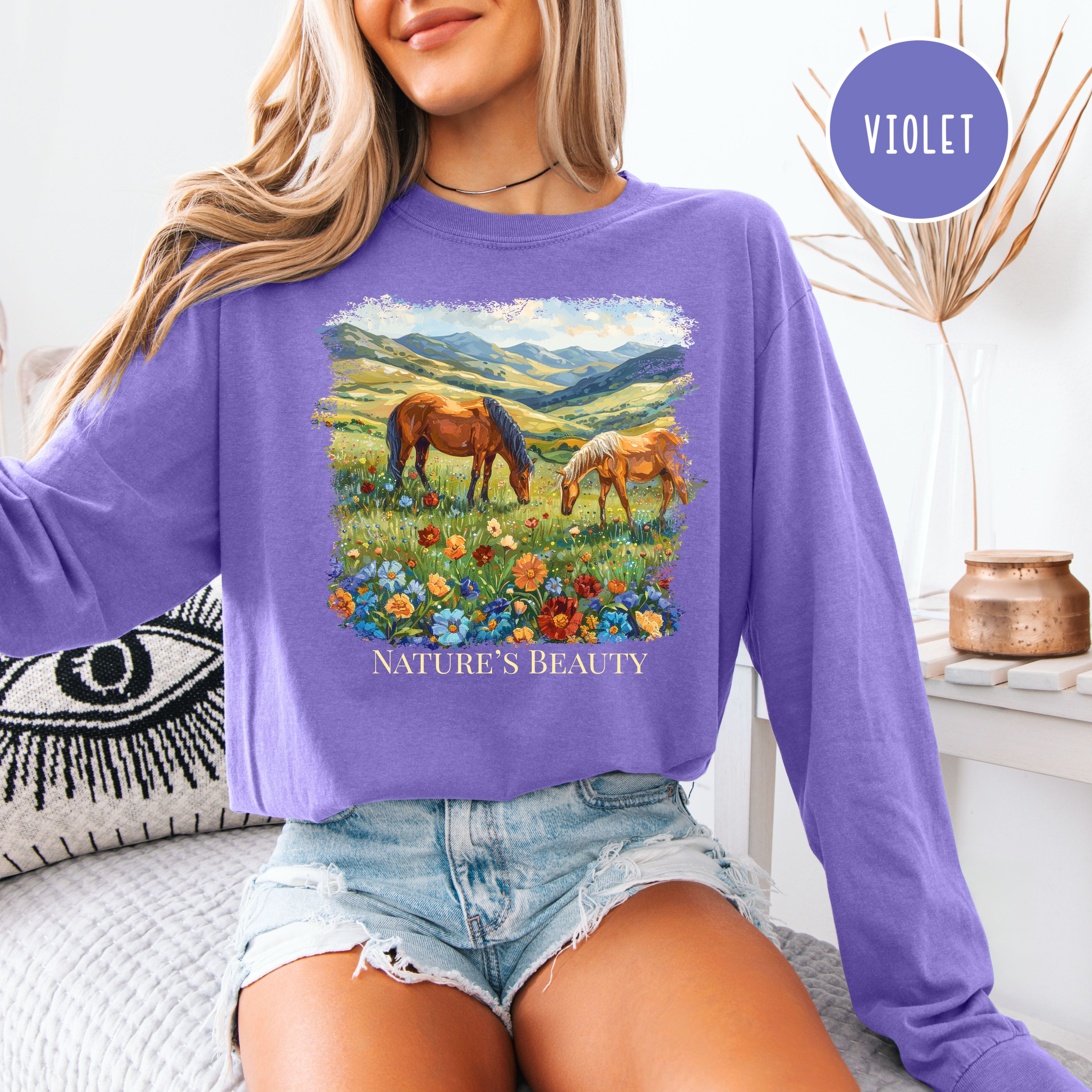 Beautiful Horses in a Field of Flowers Long Sleeve Comfort Colors Horse Lover Gift Tee