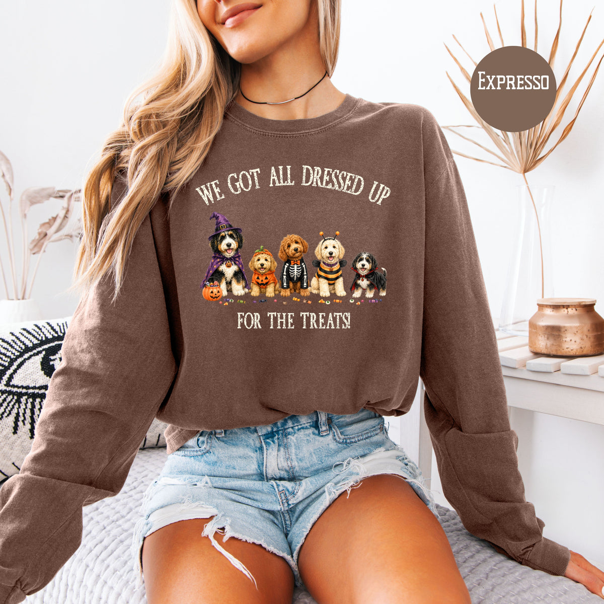 Halloween & Doodles Funny Dog Lover Long Sleeve Comfort Colors T-Shirt, Doodle Lover Halloween Gift, Doodle Dogs in Halloween Costumes Tee