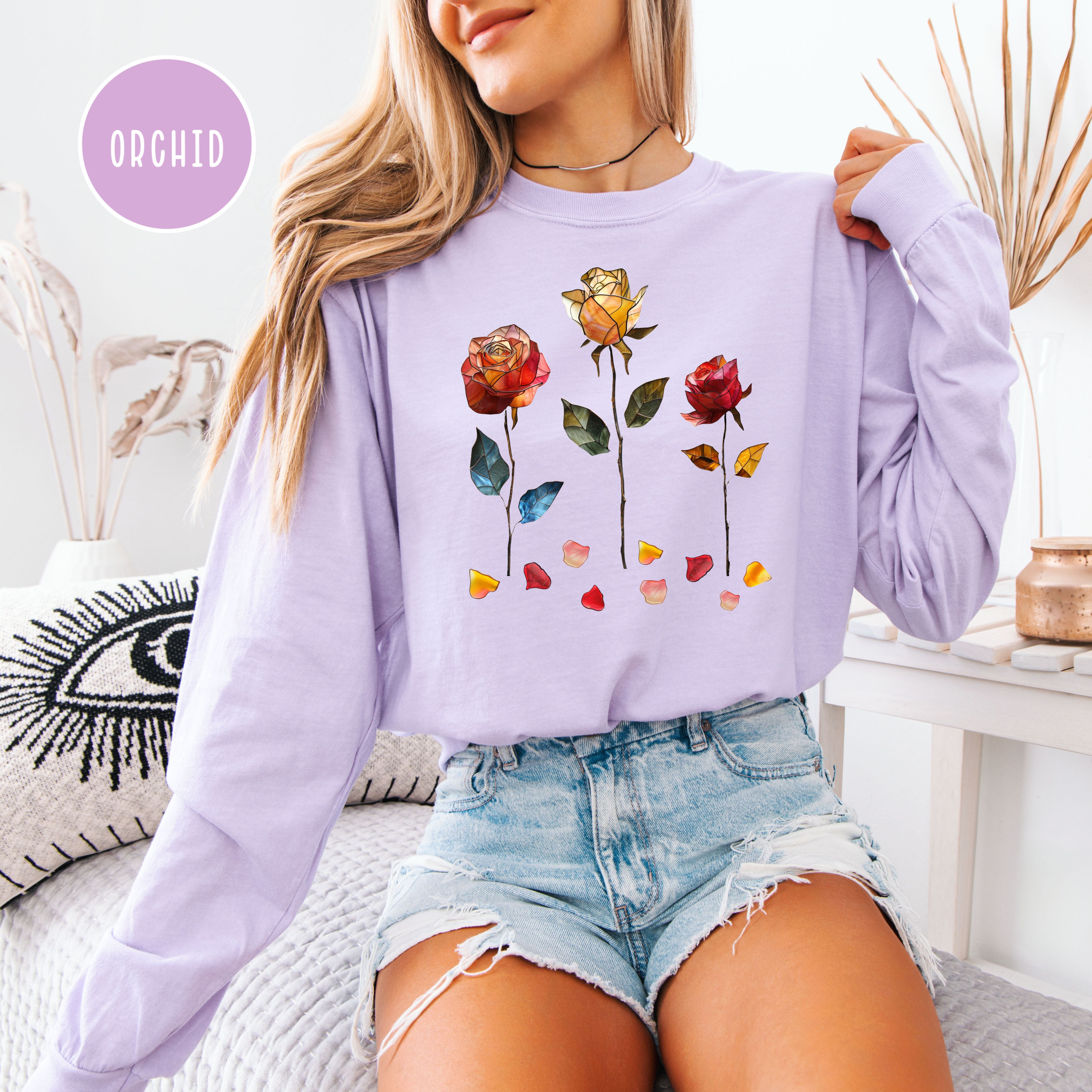 Stained Glass Roses and Petals Long Sleeve Comfort Colors T-Shirt Gift for Flower Lover