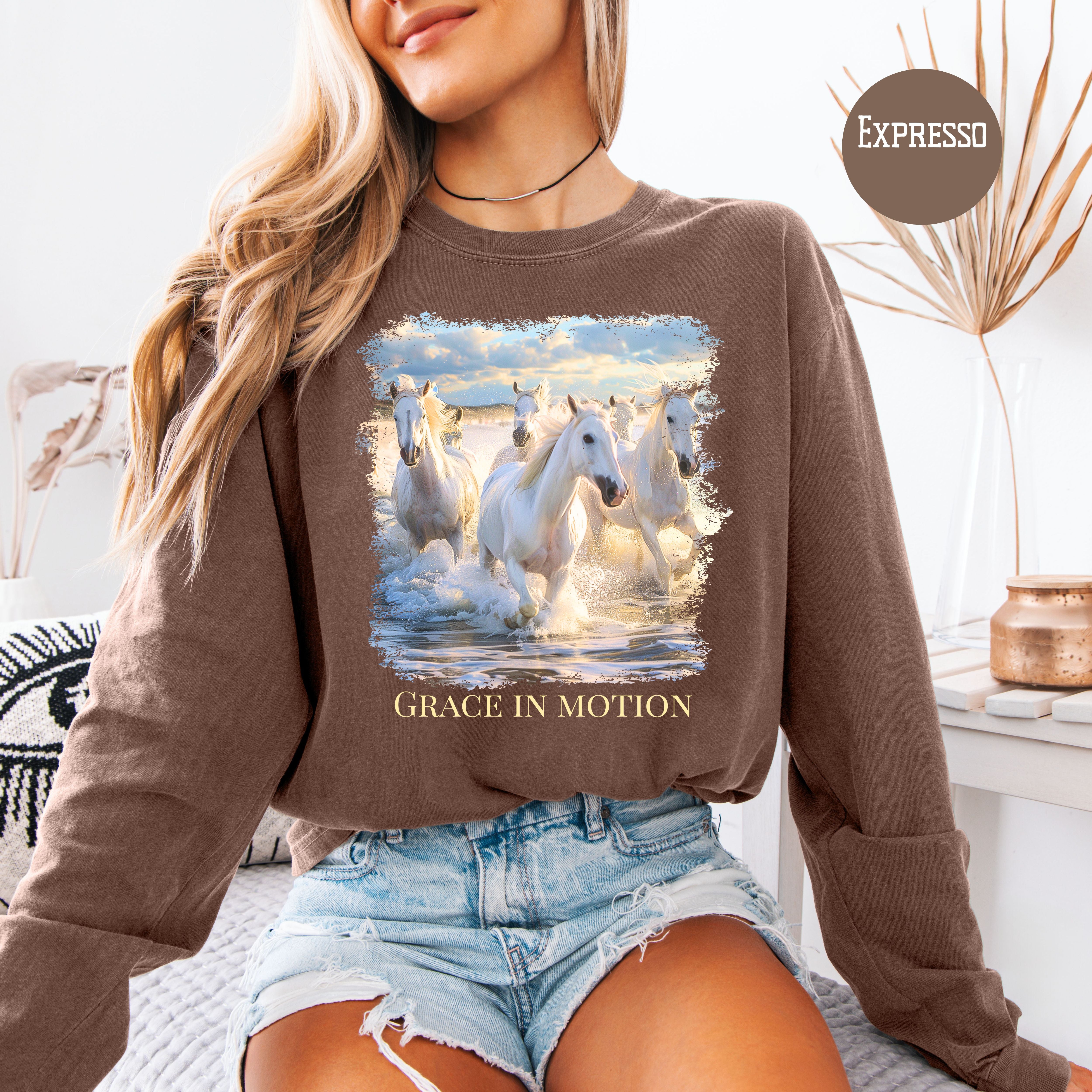 Horse Lover Comfort Colors Long Sleeve Tee Shirts, Beautiful White Horse on the Beach