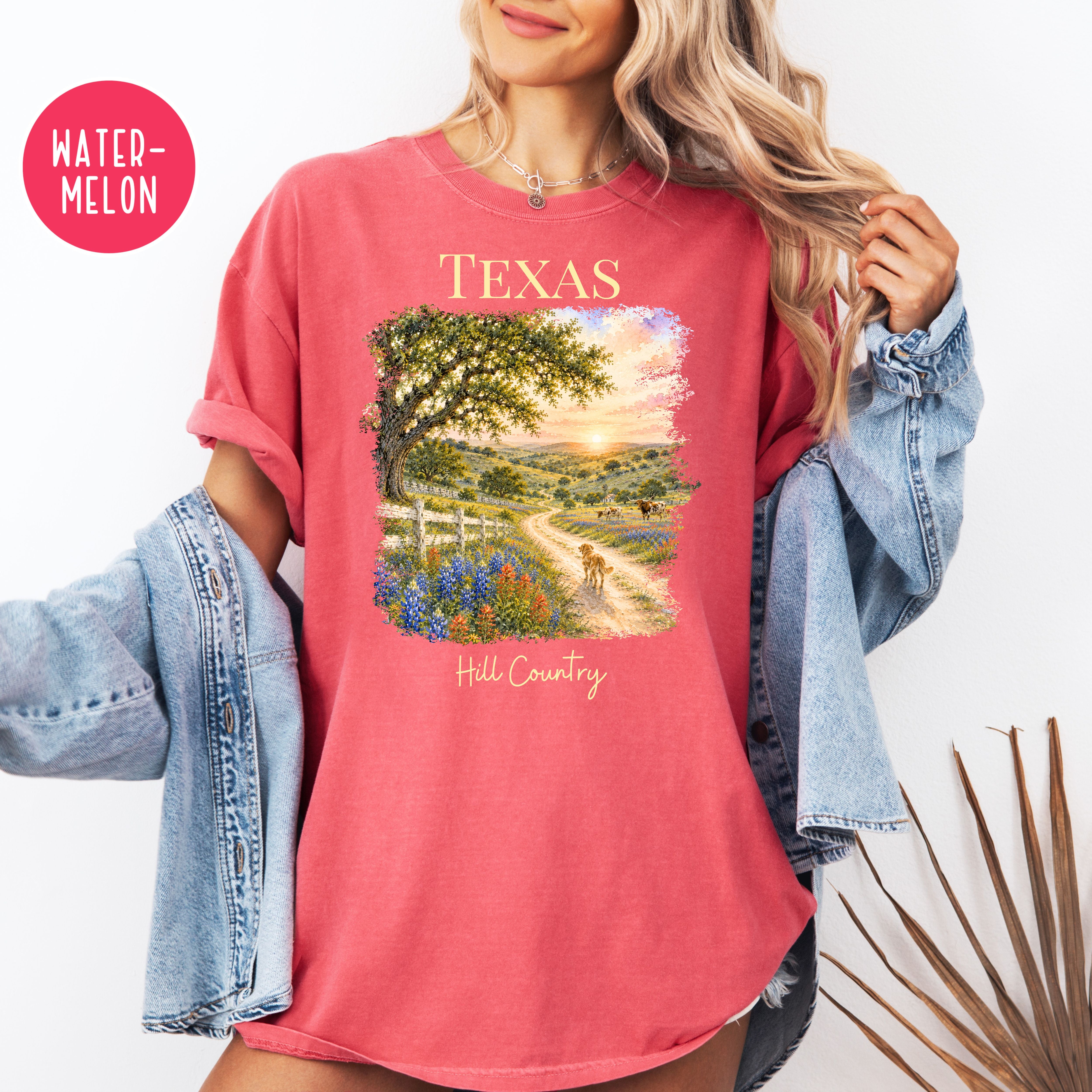 Texas Hill Country Comfort Colors T-Shirt, Texas Vacation Gift Shirt, Texas Travel Shirt, Texas Gift Shirt, Texas Blue Bonnets, Traveler Tee