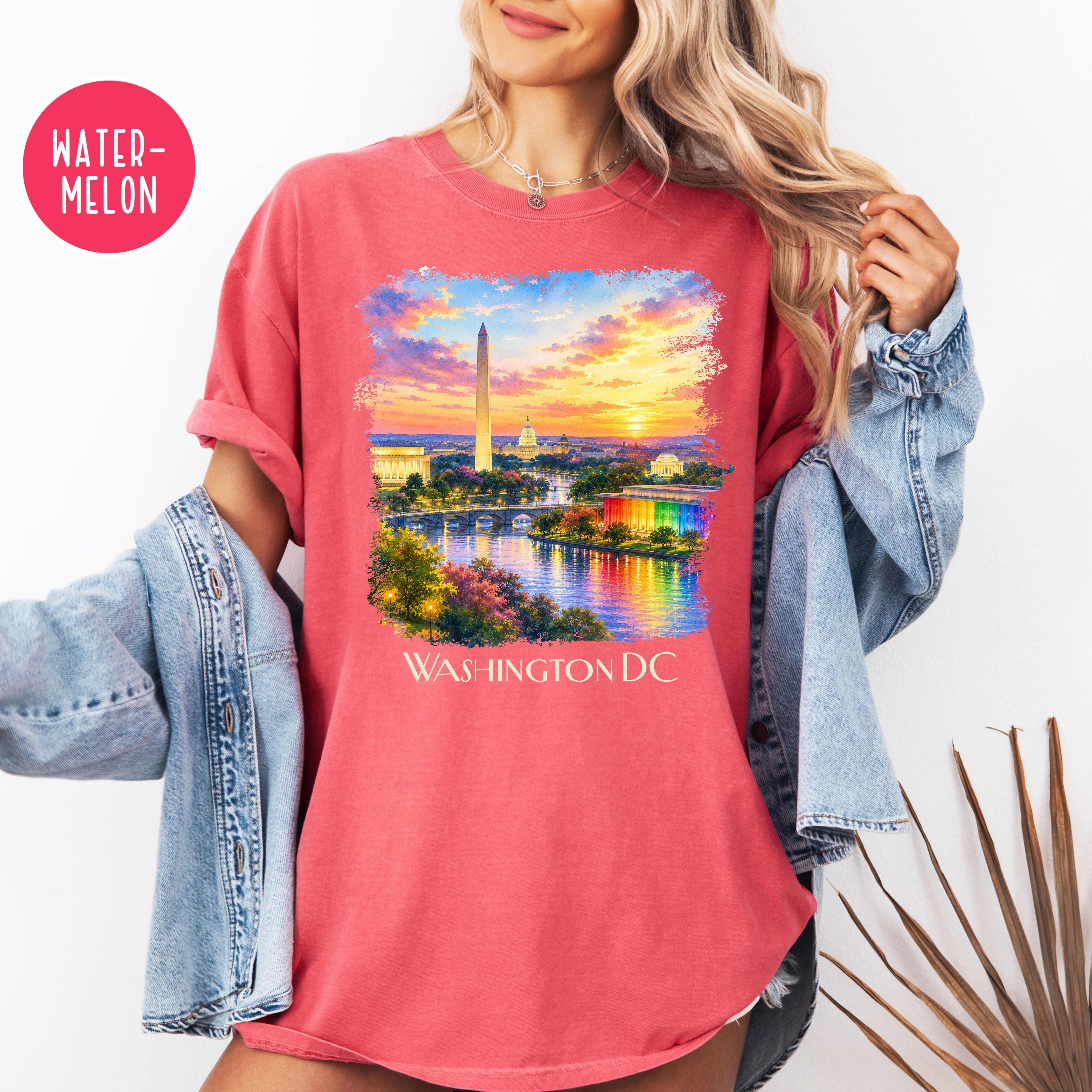Washington DC at Sunset, Kennedy Center and Washington Monuments Unisex Comfort Colors T-Shirt, Kennedy Center for Pride Washington Travel