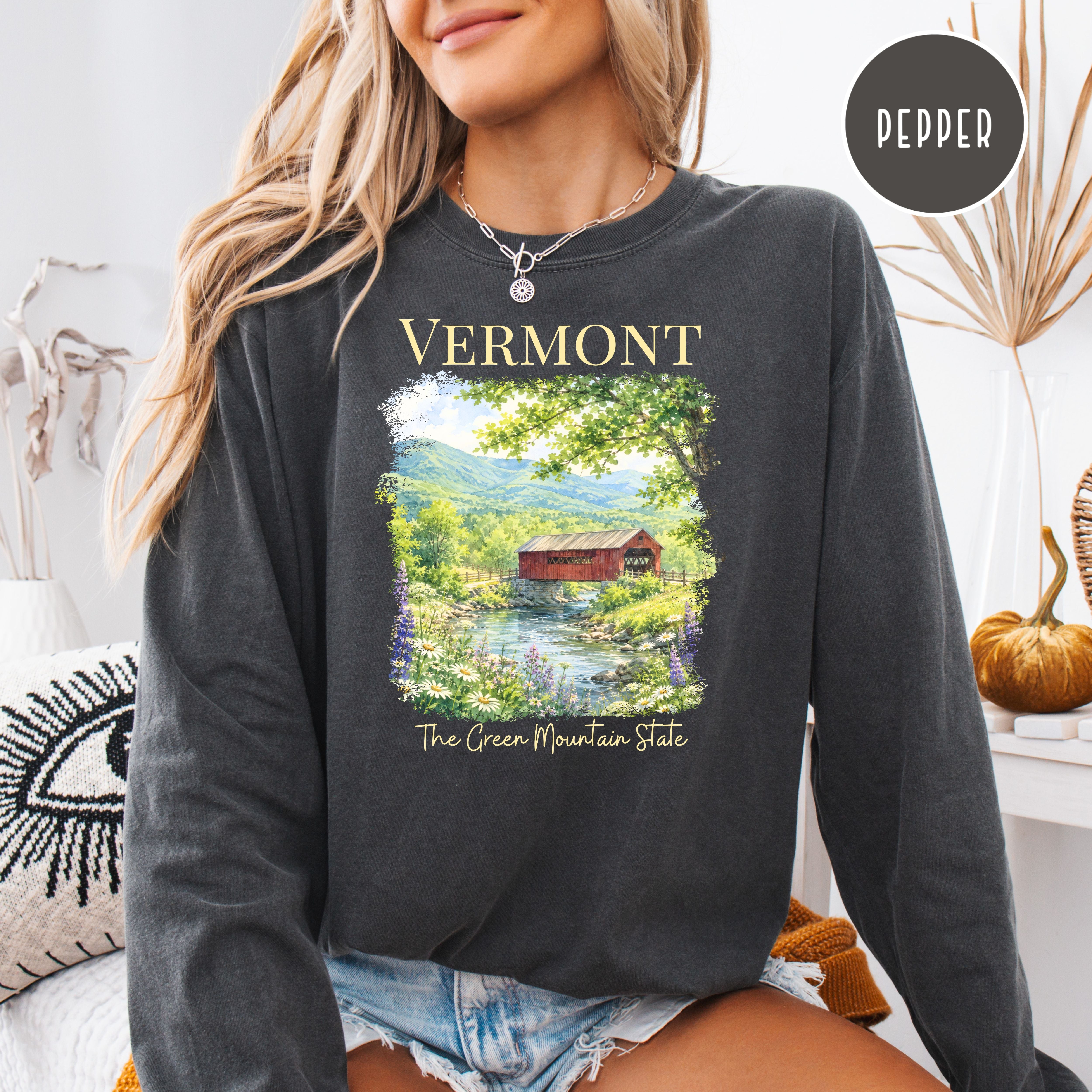 Vermont Long Sleeve Comfort Colors Vacation Gift Tee Shirt, Red Covered Bridge Vermont Shirt, Vermont Travel Gift, The Green Mountain State