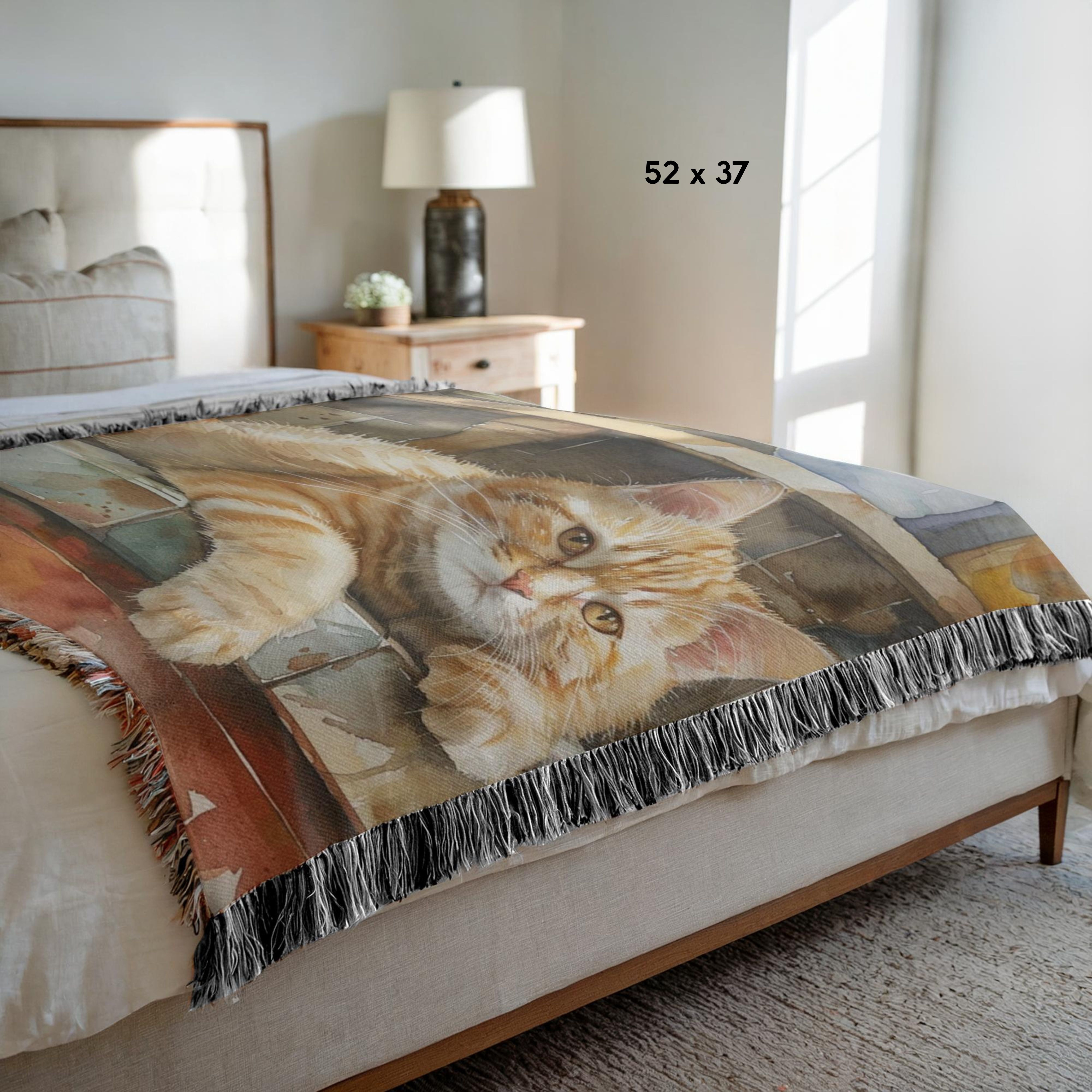 Cat Taking Catnap on Counter Woven Throw Blanket Gift for Cat Lover