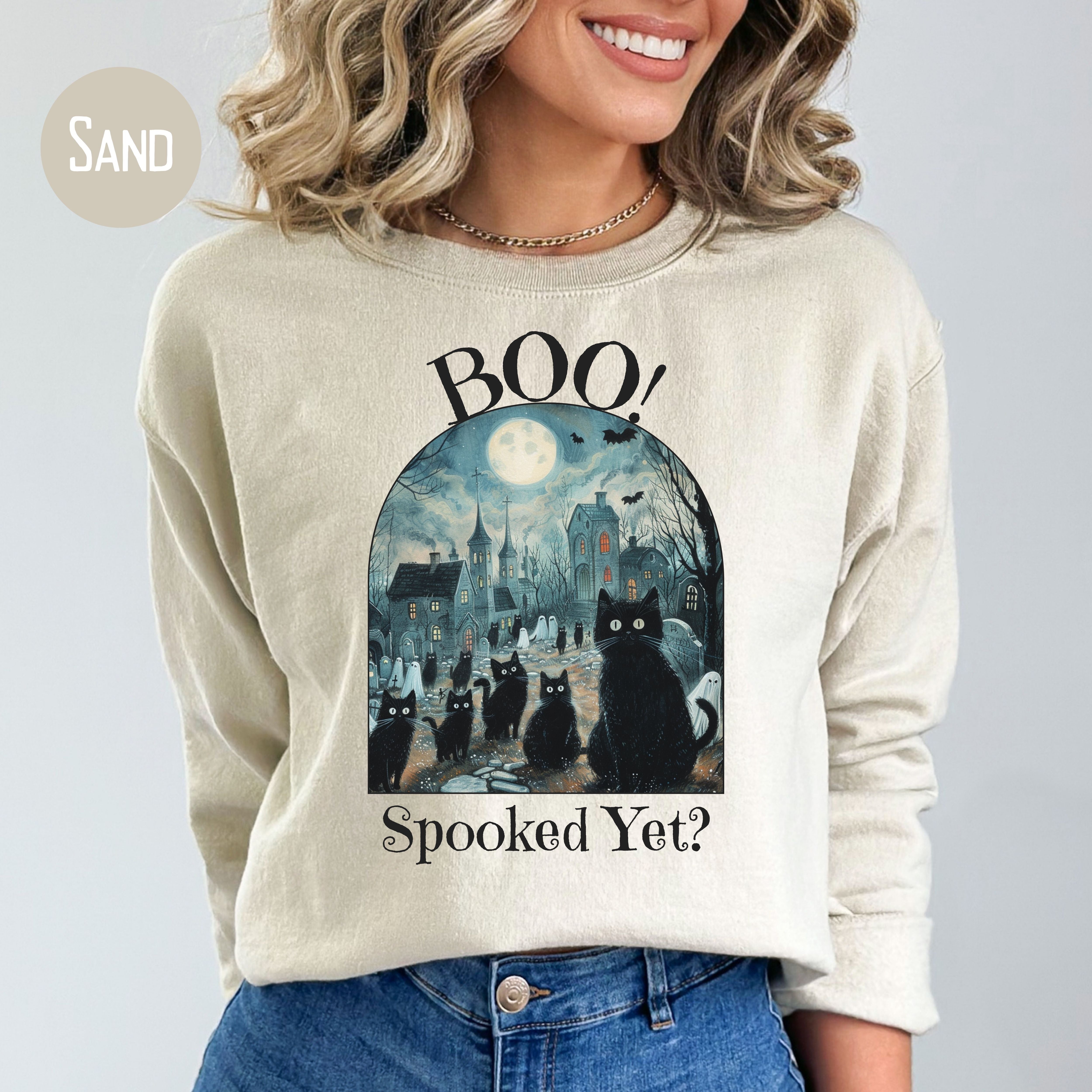 Black Cats and Ghosts in Graveyard Halloween Sweatshirt