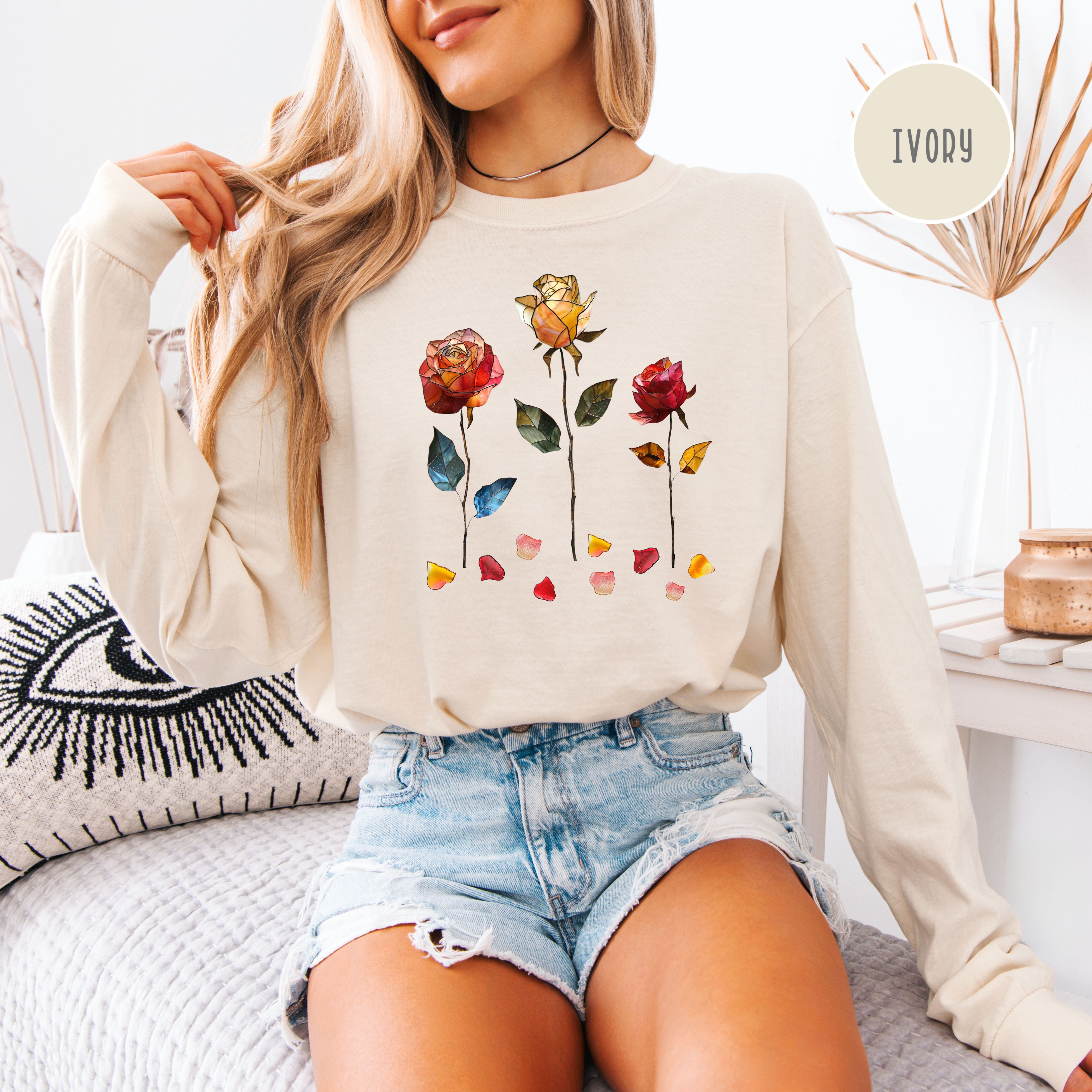 Stained Glass Roses and Petals Long Sleeve Comfort Colors T-Shirt Gift for Flower Lover
