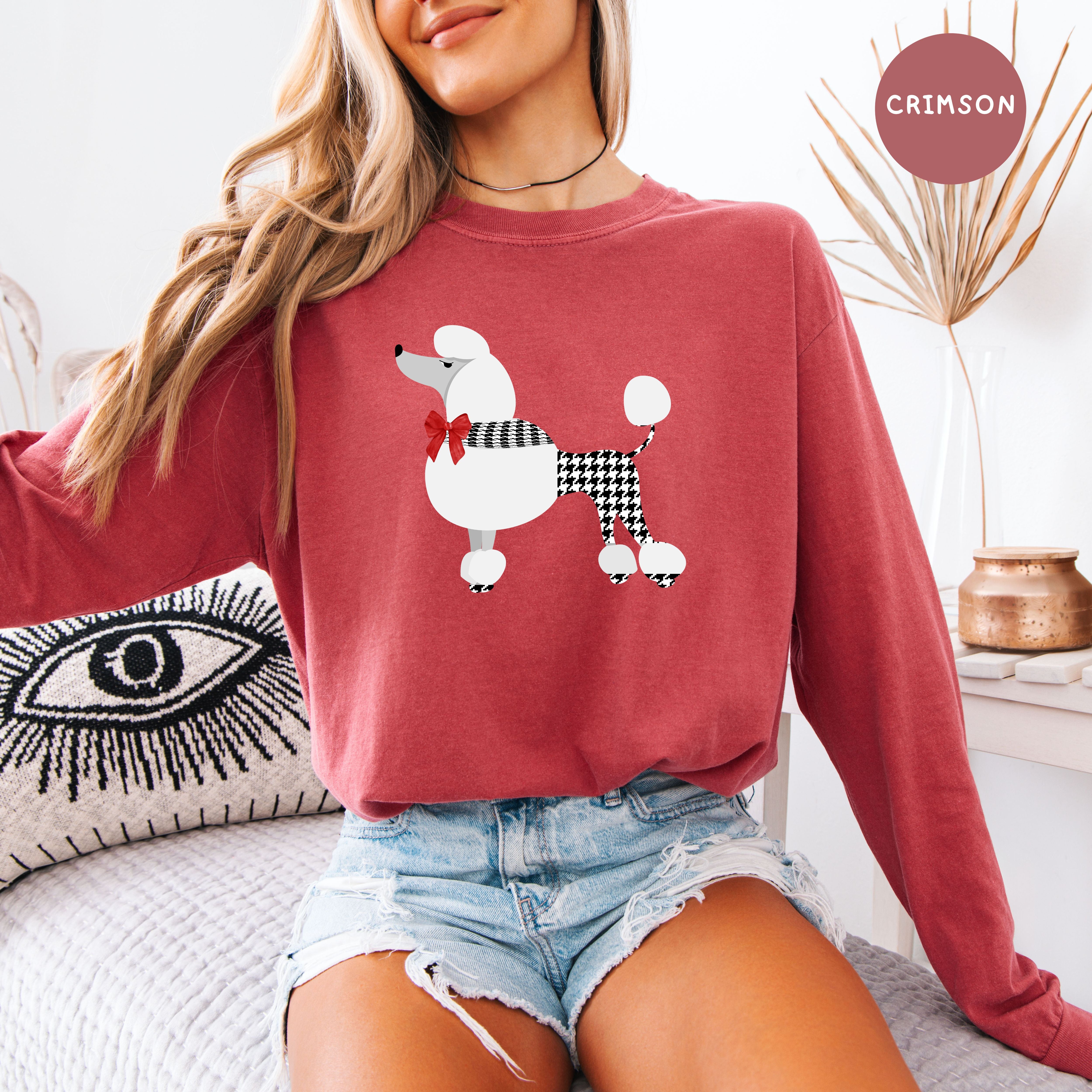 French Poodle Dressed in Houndstooth w Red Bow Long Sleeve Comfort Colors T-Shirt