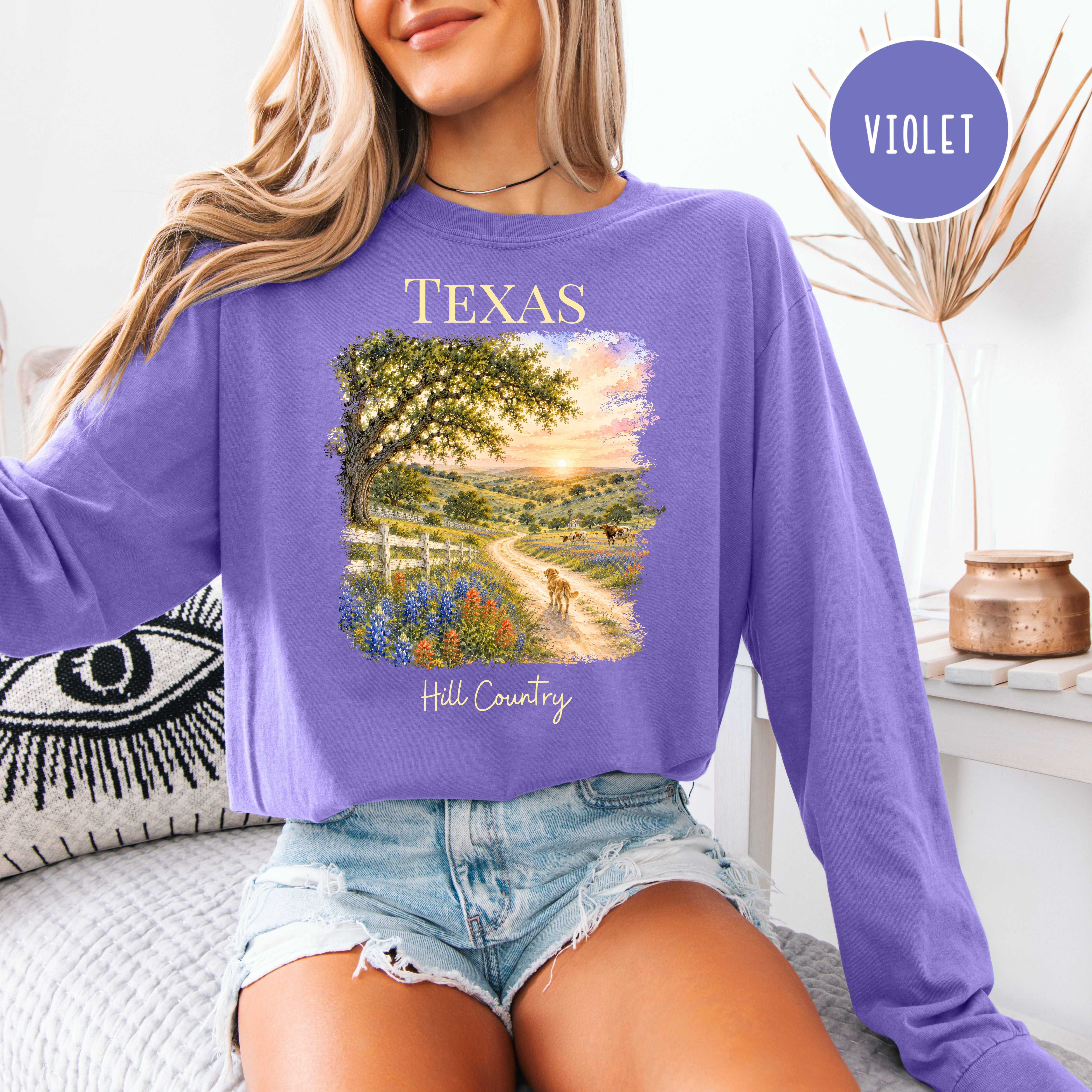 Texas Hill Country Long Sleeve Comfort Colors T-Shirt, Texas Vacation Shirt, Texas Gift Shirt, Texas Travel Gift, Texas Blue Bonnets Shirt