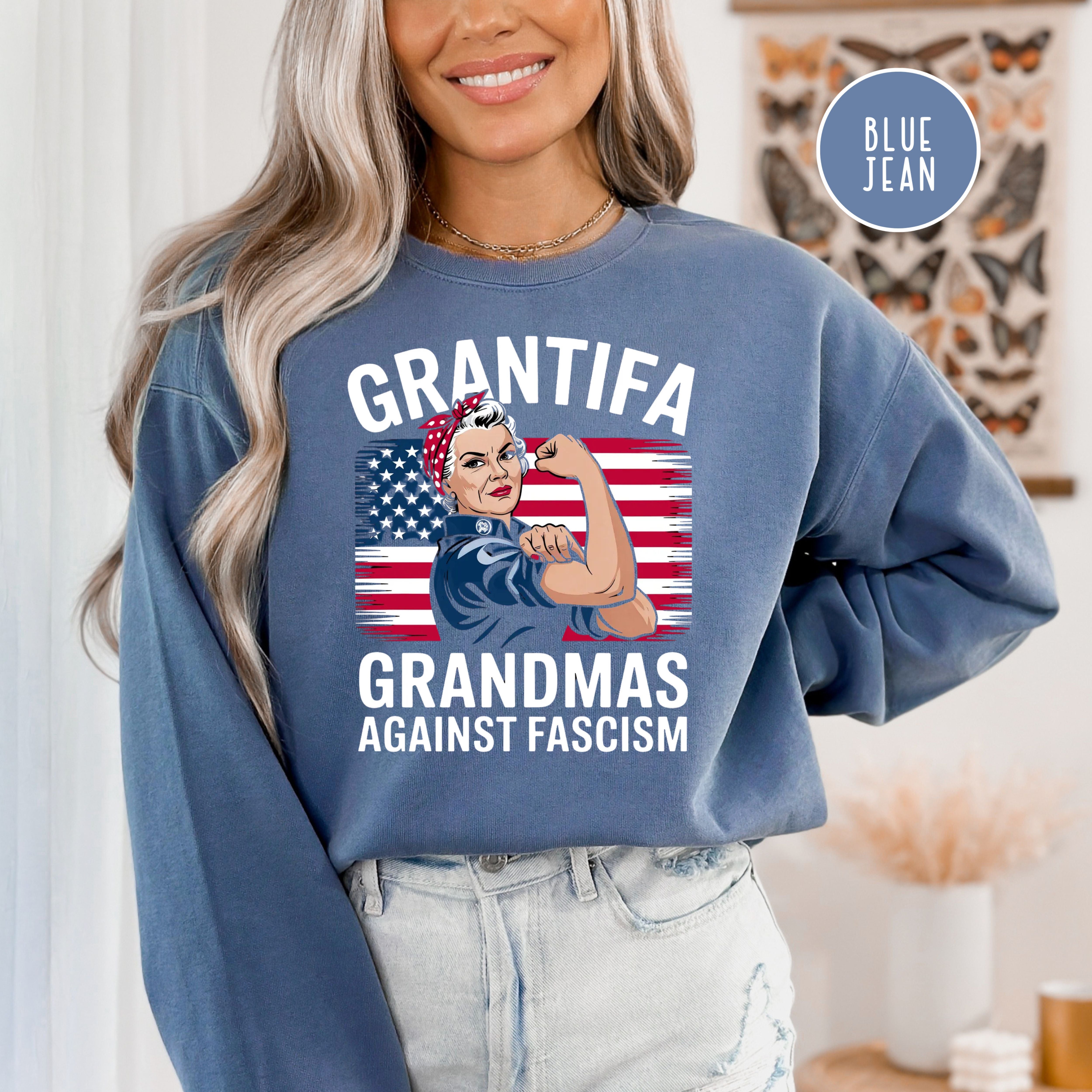 Grantifa Comfort Colors Sweatshirt, Rosie the Riveter Grandmas Against Fascism Sweatshirt