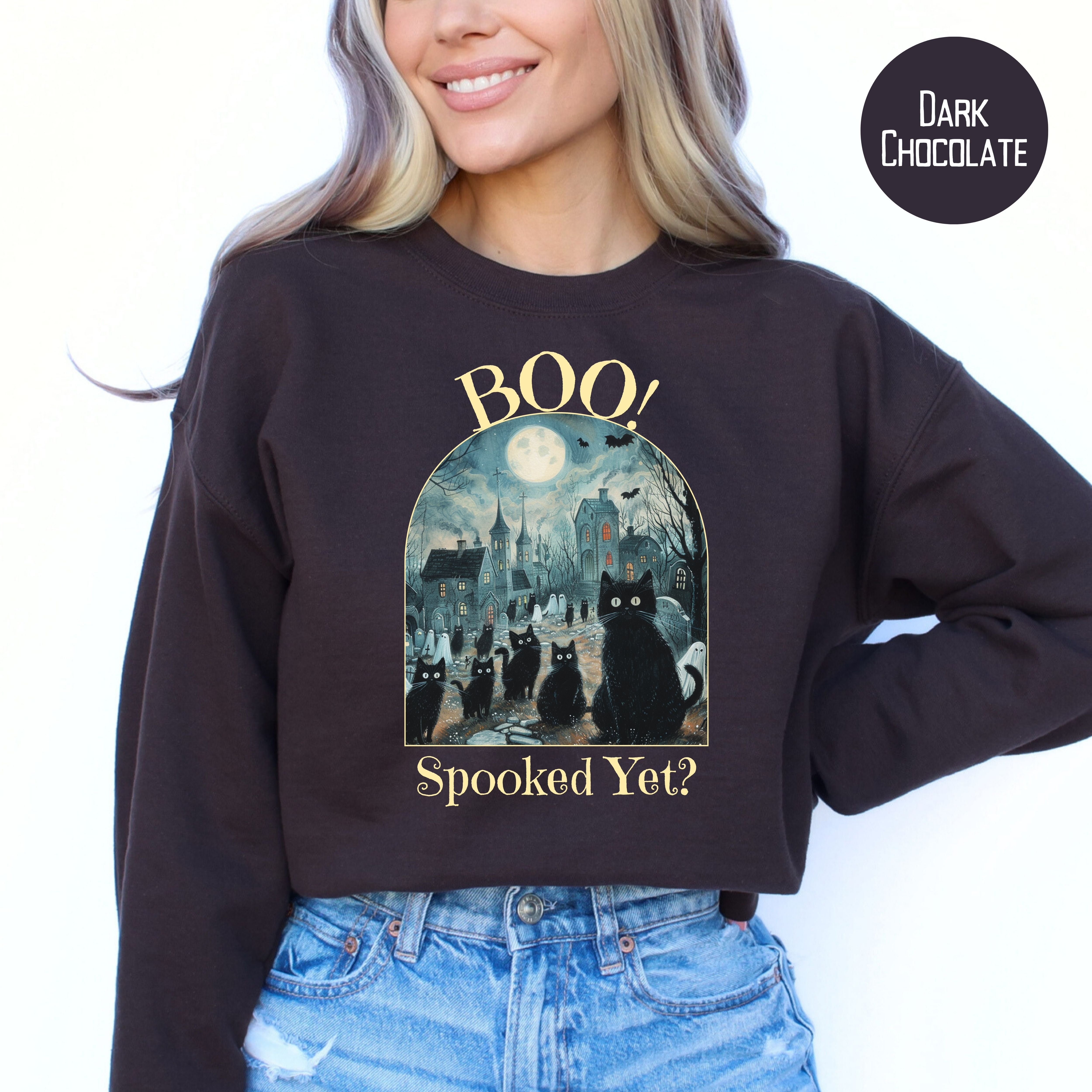 Black Cats and Ghosts in Graveyard Halloween Sweatshirt