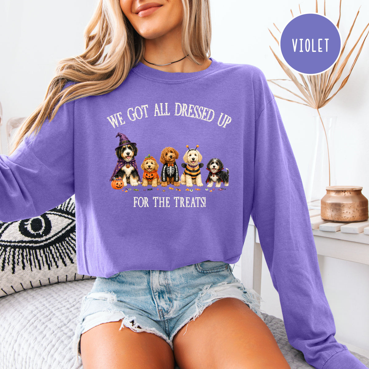 Halloween & Doodles Funny Dog Lover Long Sleeve Comfort Colors T-Shirt, Doodle Lover Halloween Gift, Doodle Dogs in Halloween Costumes Tee