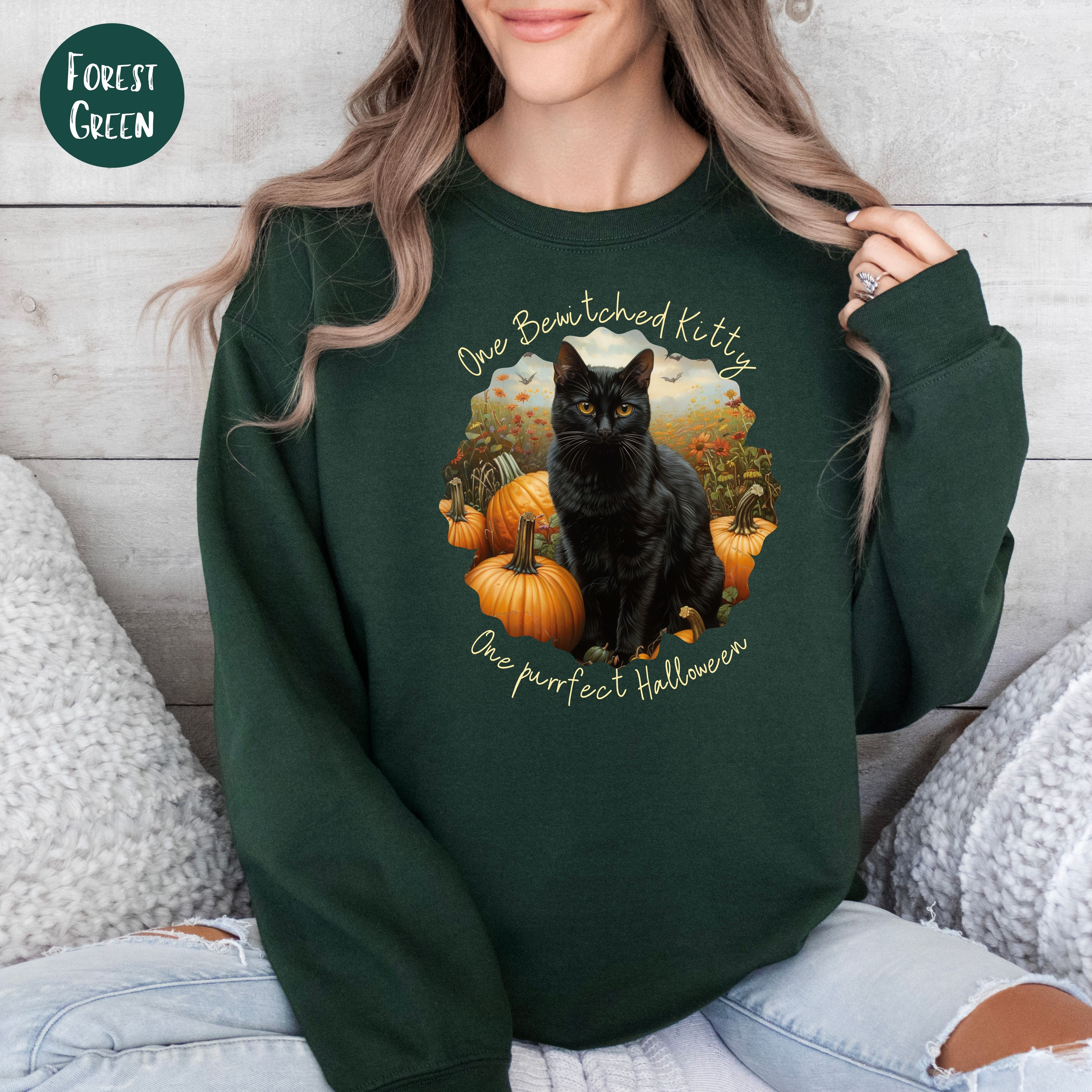 Bewitched Kitty on a Purrfect Halloween Sweatshirt