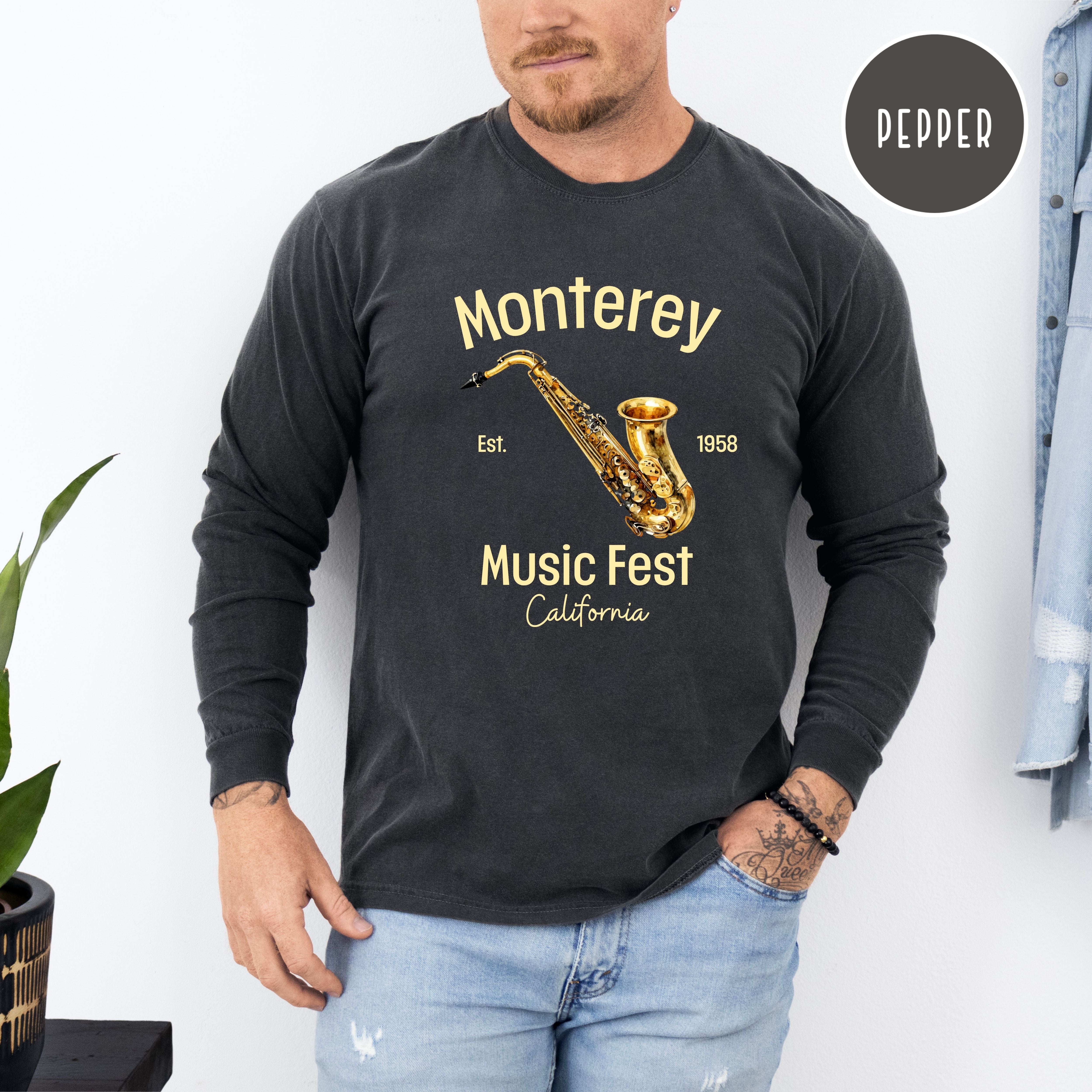 Monterey California Music Fest Unisex Long Sleeve Comfort Colors T-Shirt, Saxophone Player Shirt, Music Lover Gift, Monterey Gift Shirt
