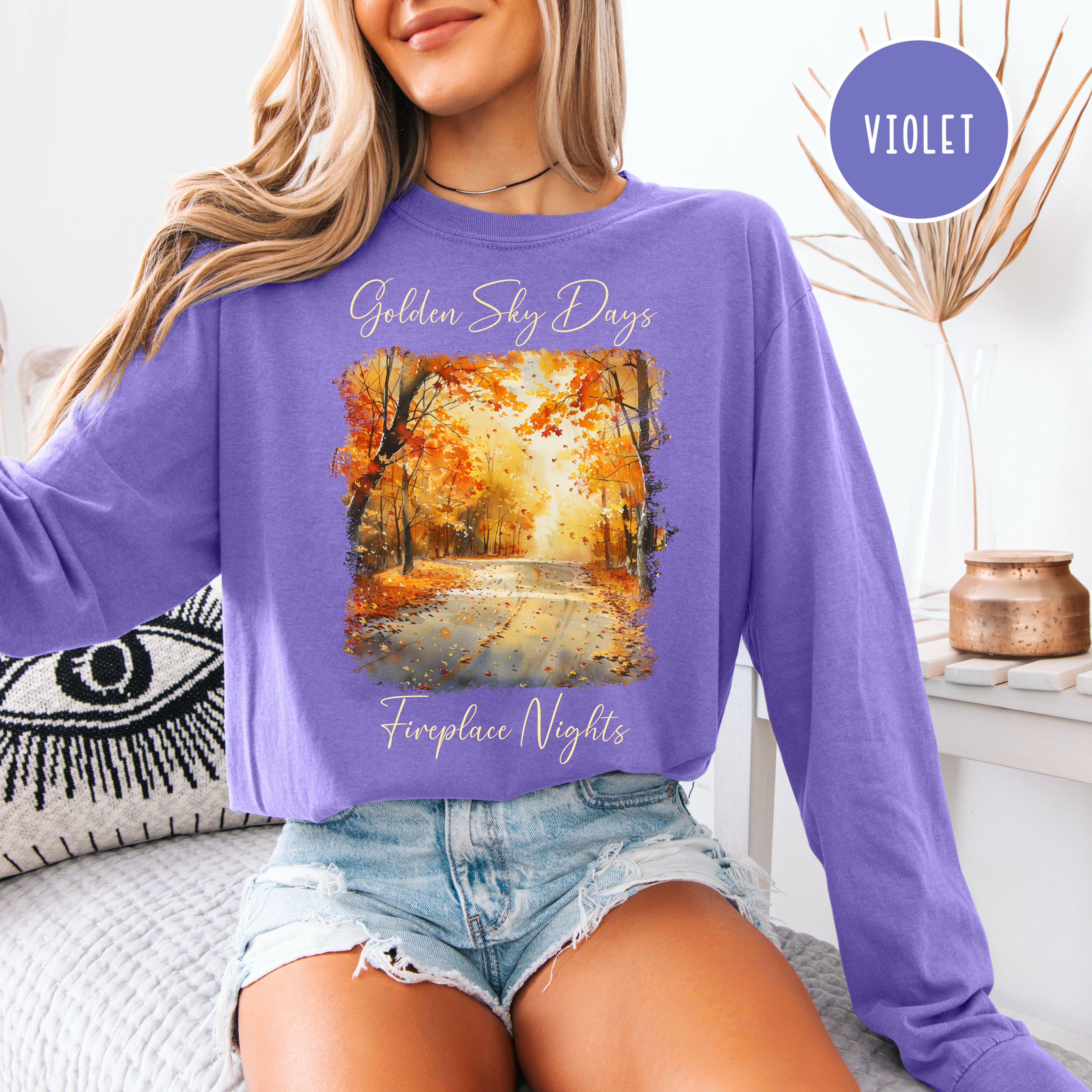 Golden Sky Days and Fireplace Nights Autumn Season Long Sleeve Comfort Colors Fall Colors Tee Shirt