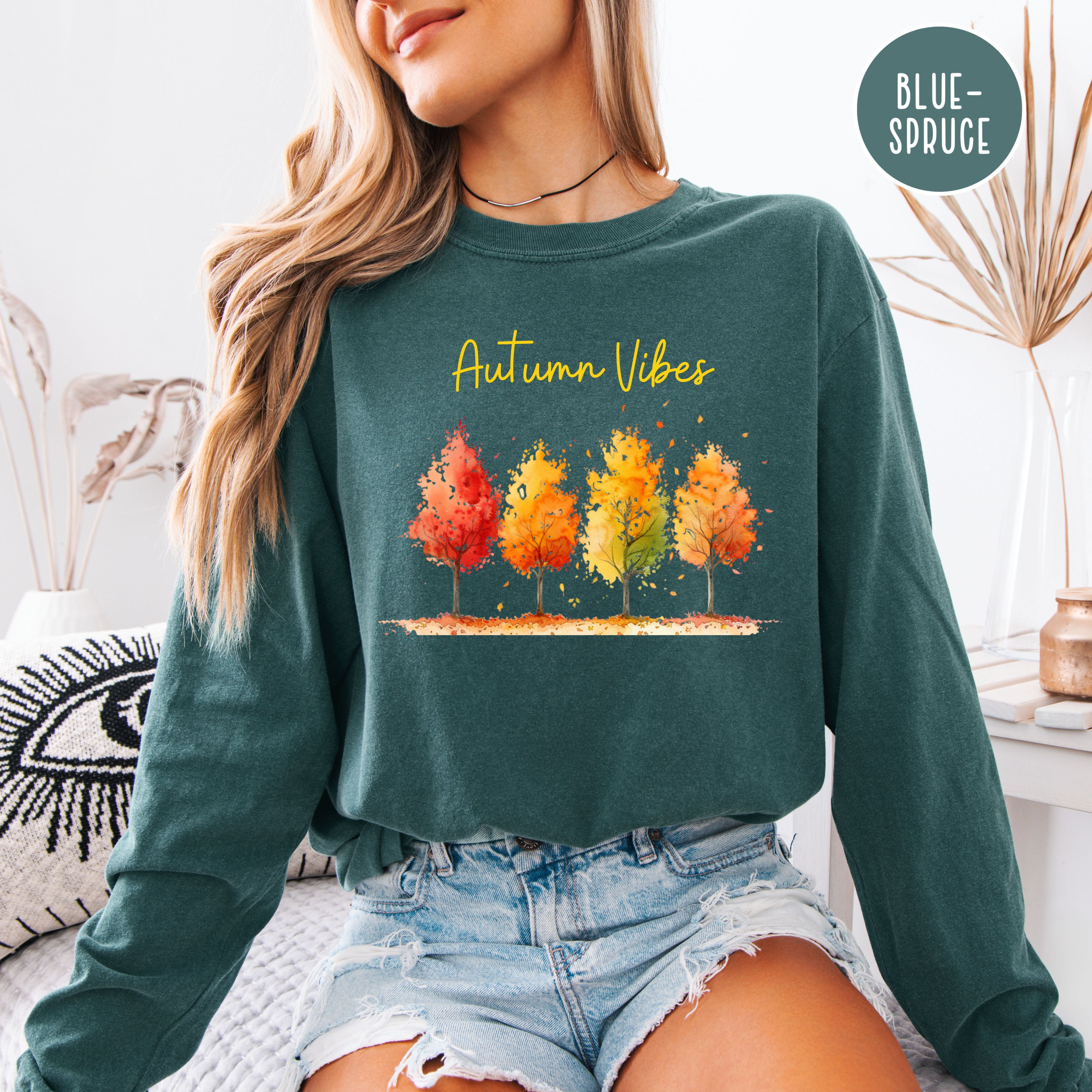 Autumn Vibes Colorful Fall Leaves Unisex Long Sleeve Comfort Colors Tee, Thanksgiving Season Gift
