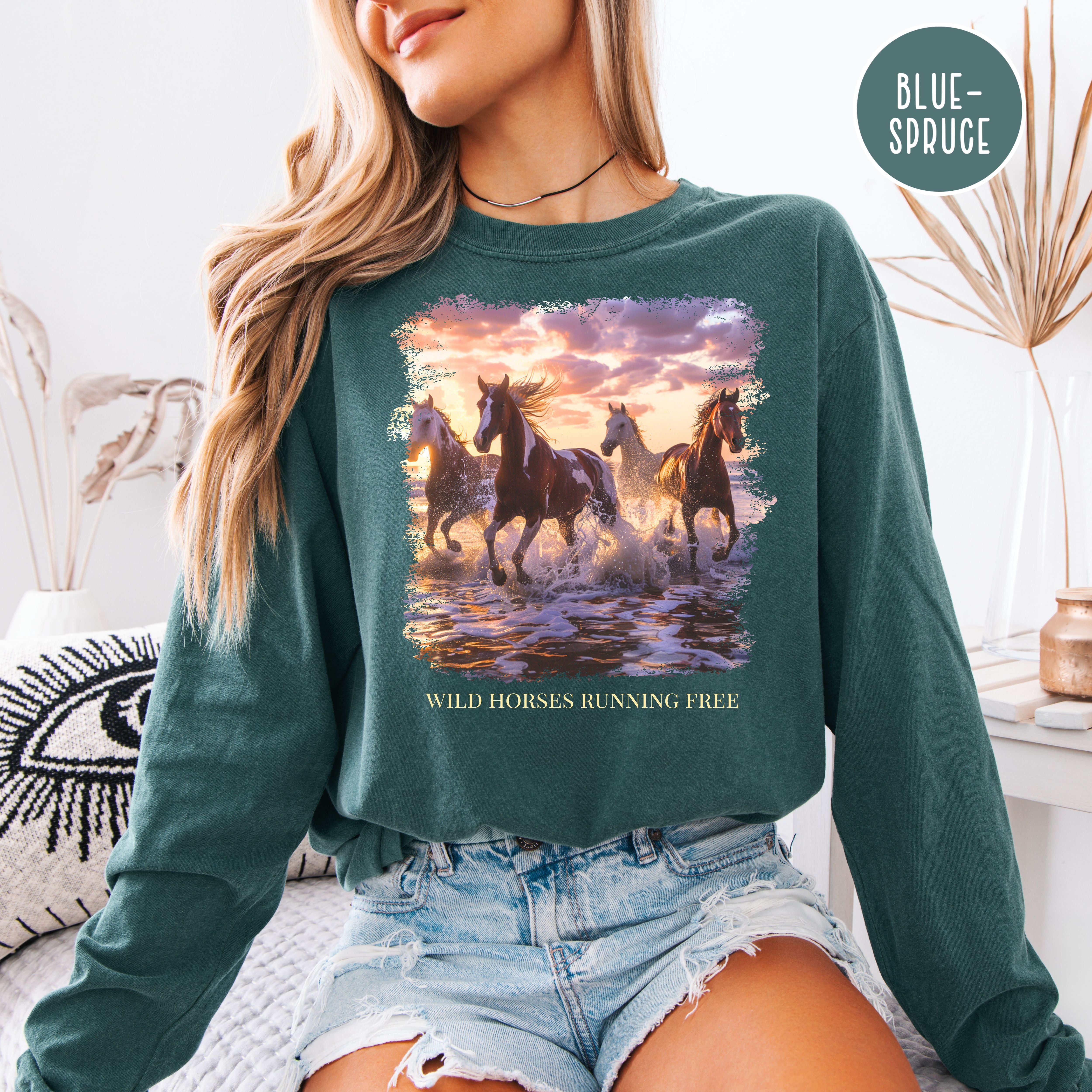 Horses Running on Beach At Sunset Comfort Colors Long Sleeve Tee