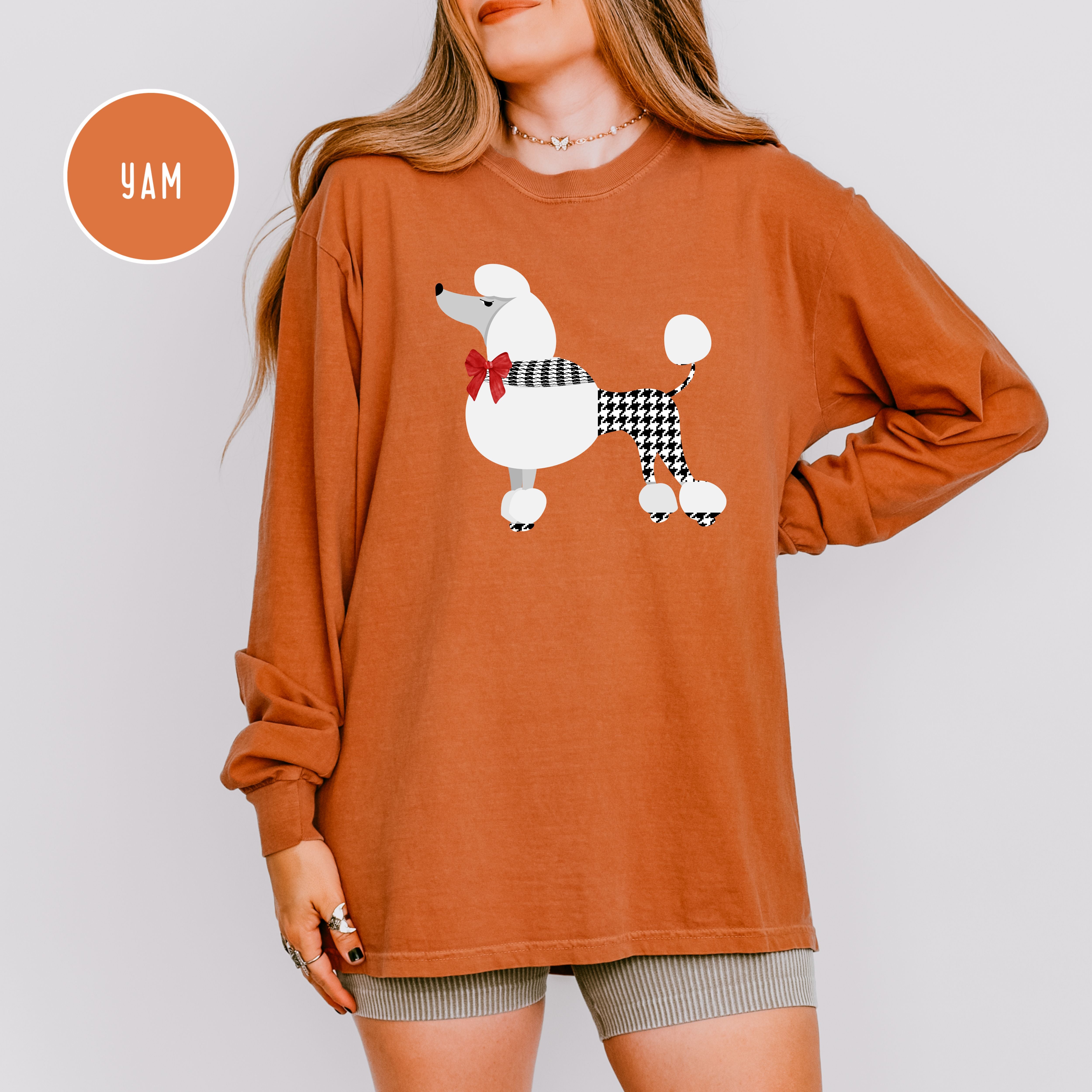 French Poodle Dressed in Houndstooth w Red Bow Long Sleeve Comfort Colors T-Shirt
