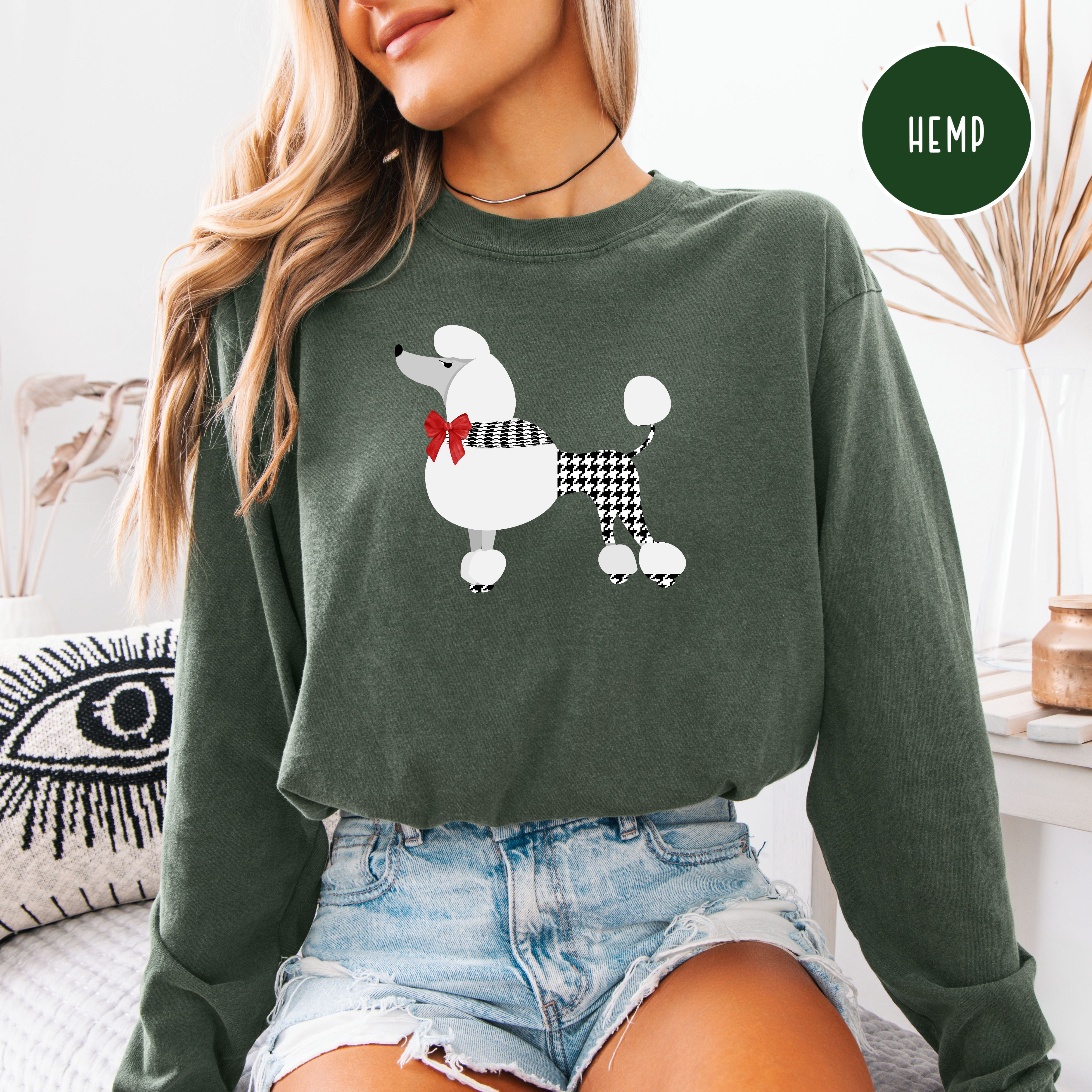 French Poodle Dressed in Houndstooth w Red Bow Long Sleeve Comfort Colors T-Shirt