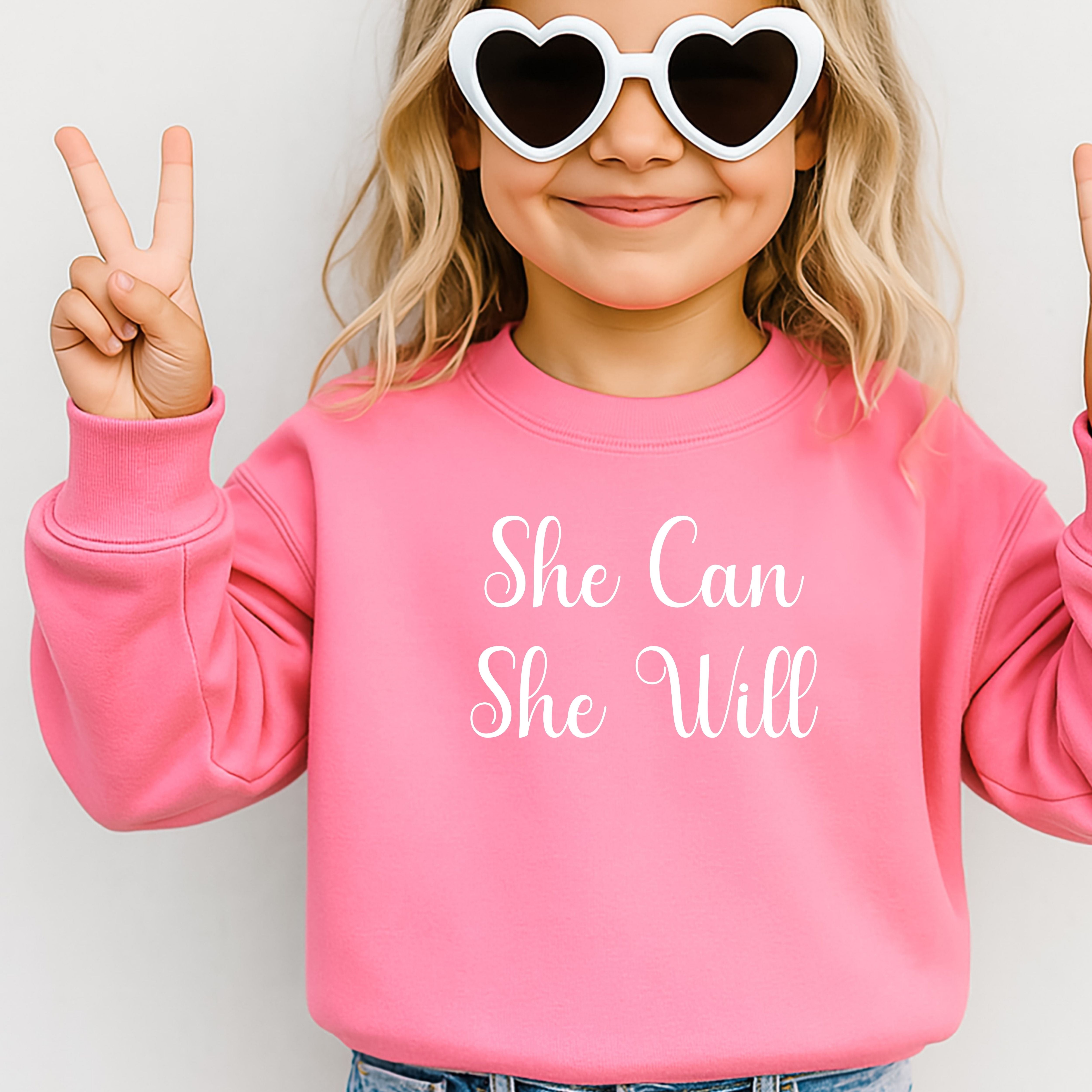 She Will She Can Kids Crewneck Sweatshirt, Future is Female, She Will Accomplish, Girl Power Shirt