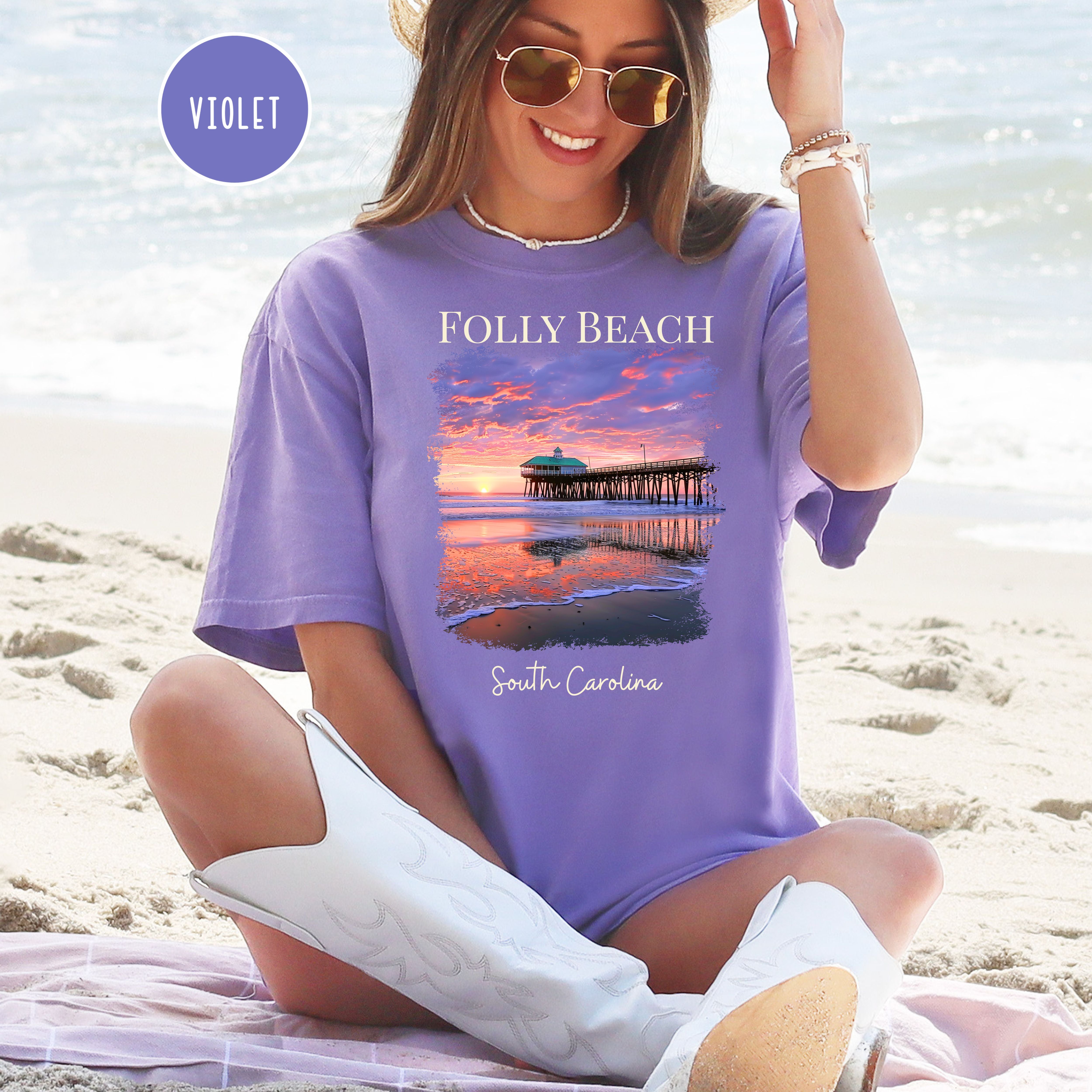 Folly Beach South Carolina Comfort Colors Beach Sunset Tee