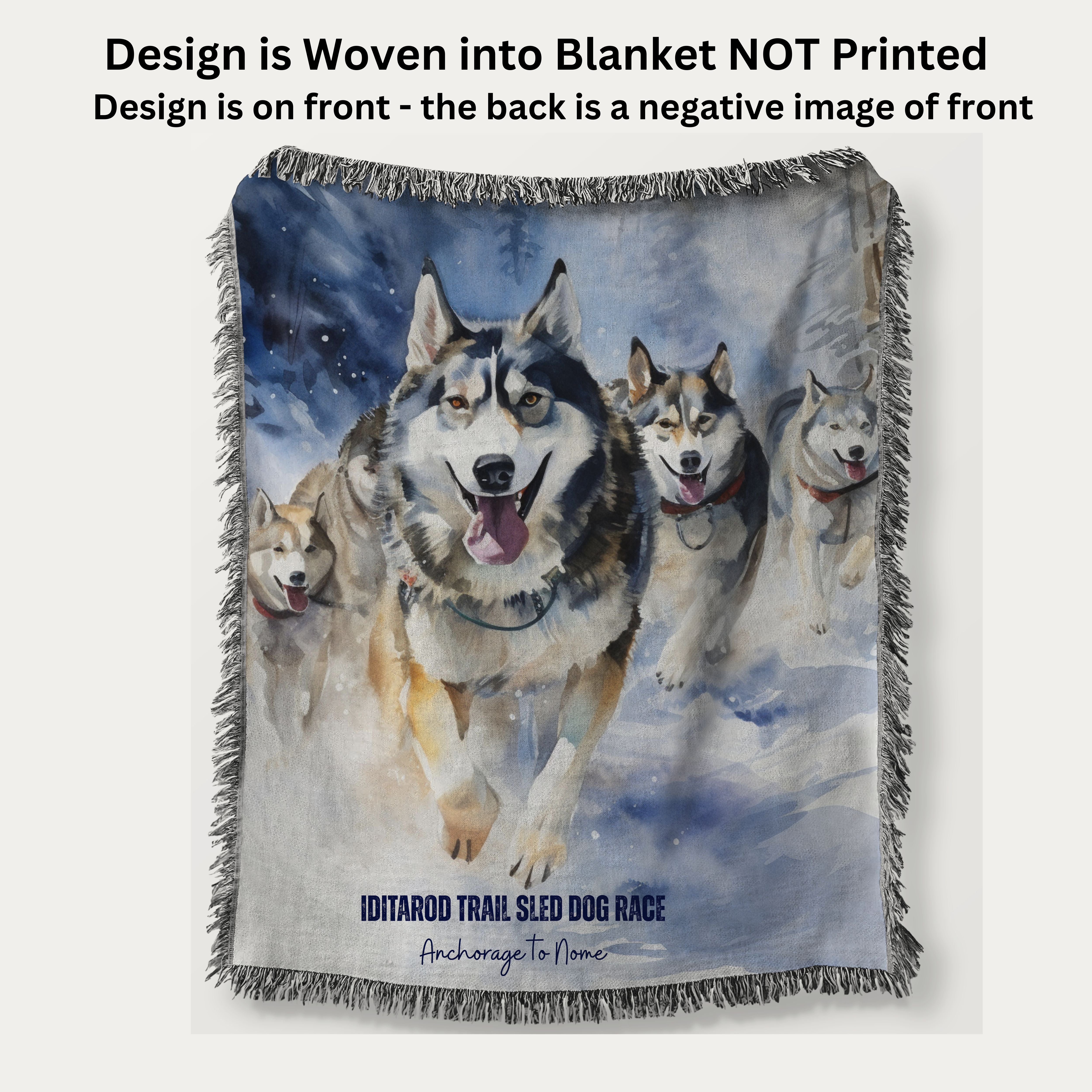 Iditarod Dog Race Woven Throw Souvenir Blanket, Alaska Dog Sled Race