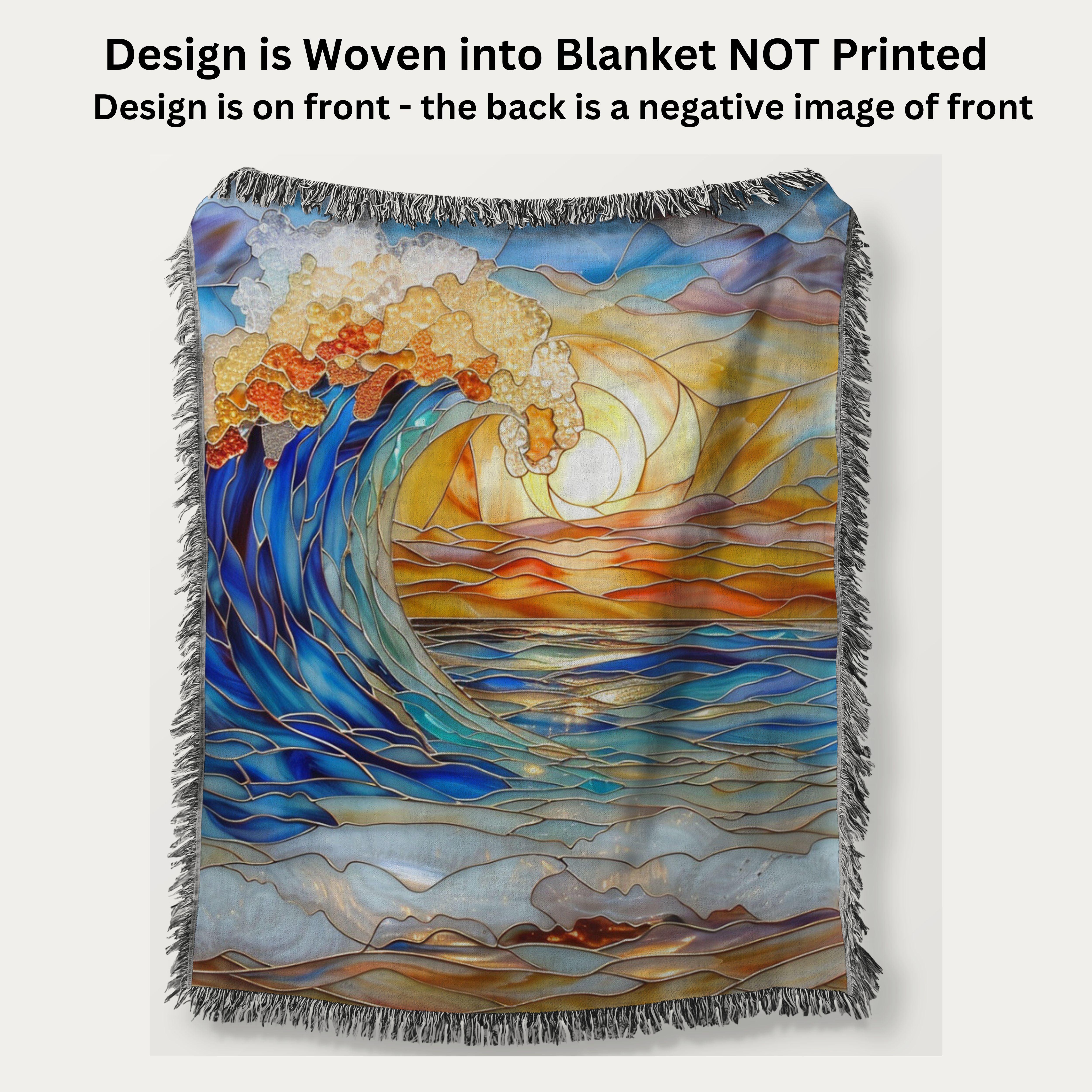 Stained Glass Look Ocean Wave and Sun Woven Throw Blanket, Stained Glass Faux Look Blanket is Not Textured