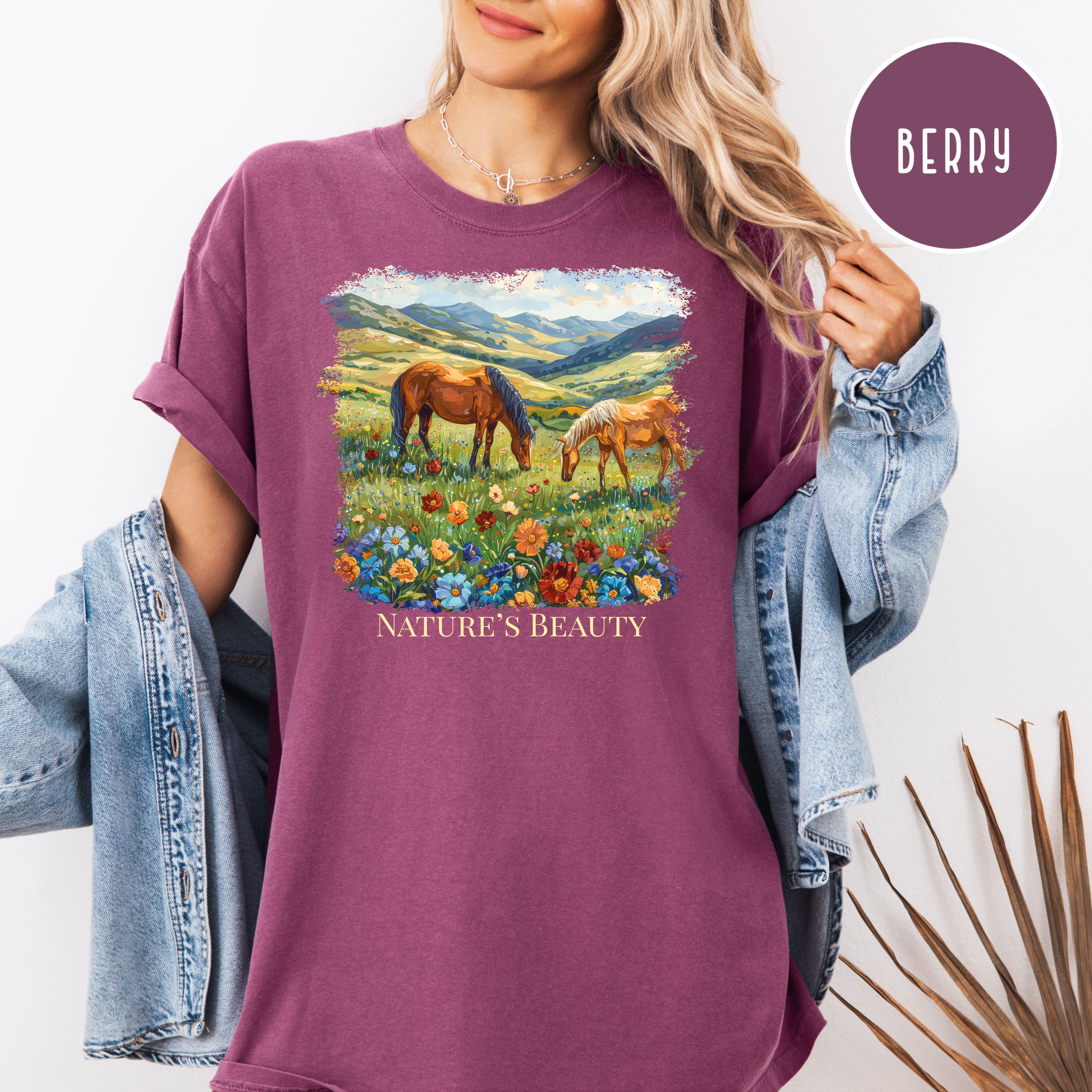 Beautiful Horses in a Field of Flowers Comfort Colors Tee