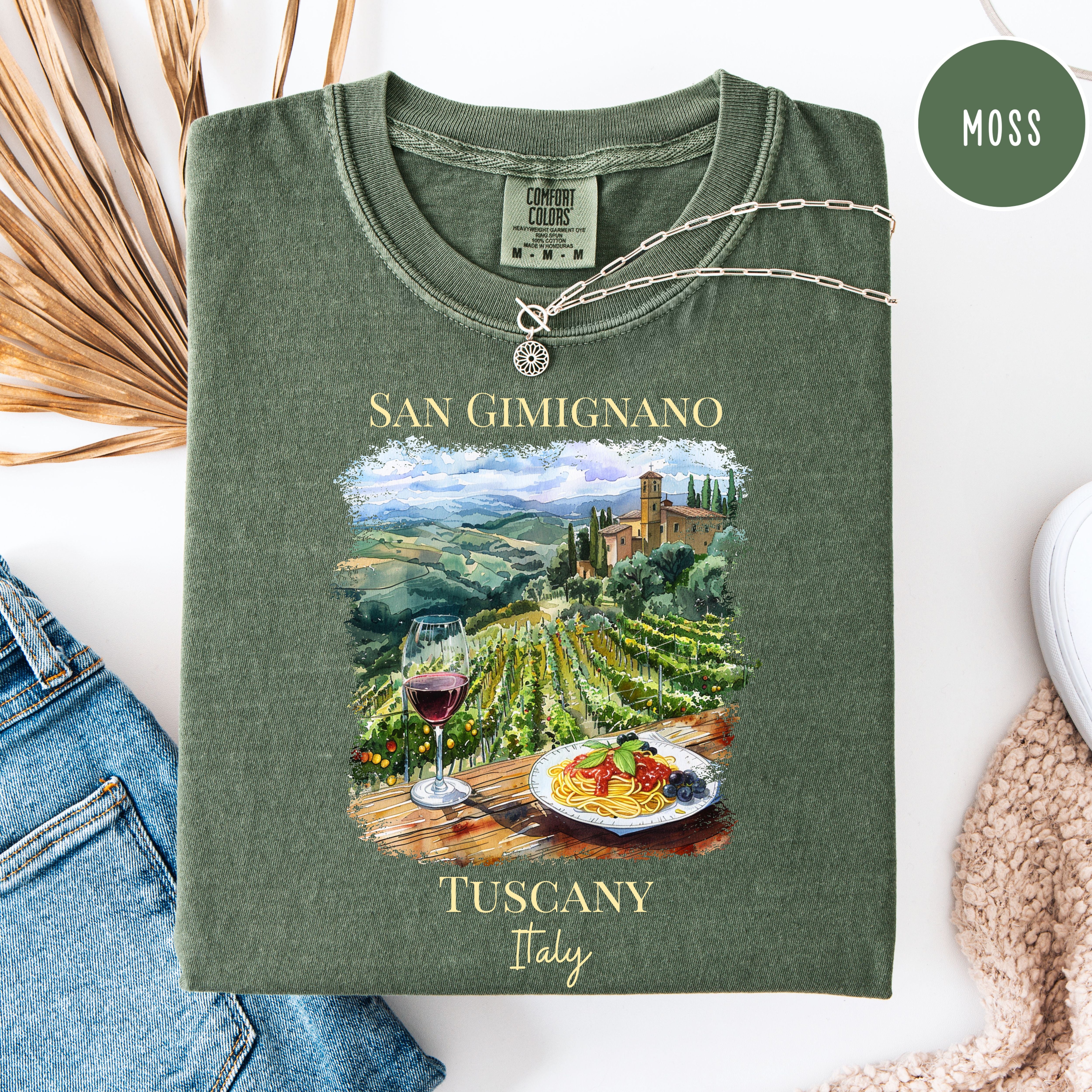Wine and Pasta in San Gimignano Tuscany Vineyard Italy Comfort Colors Vacation Gift Tee