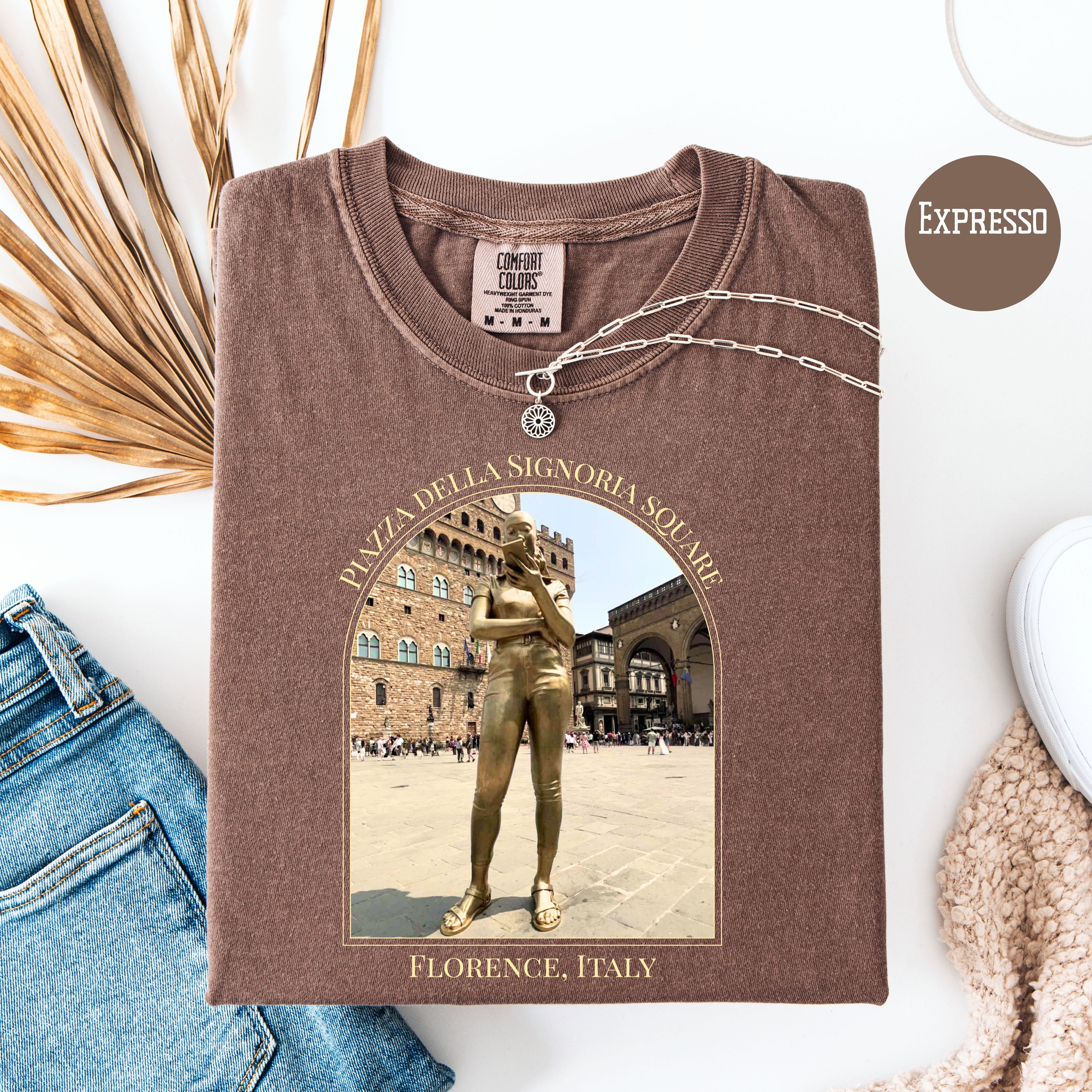 Florence Italy Golden IPhone Girl in Piazza della Signoria Square Comfort Colors Vacation Tee
