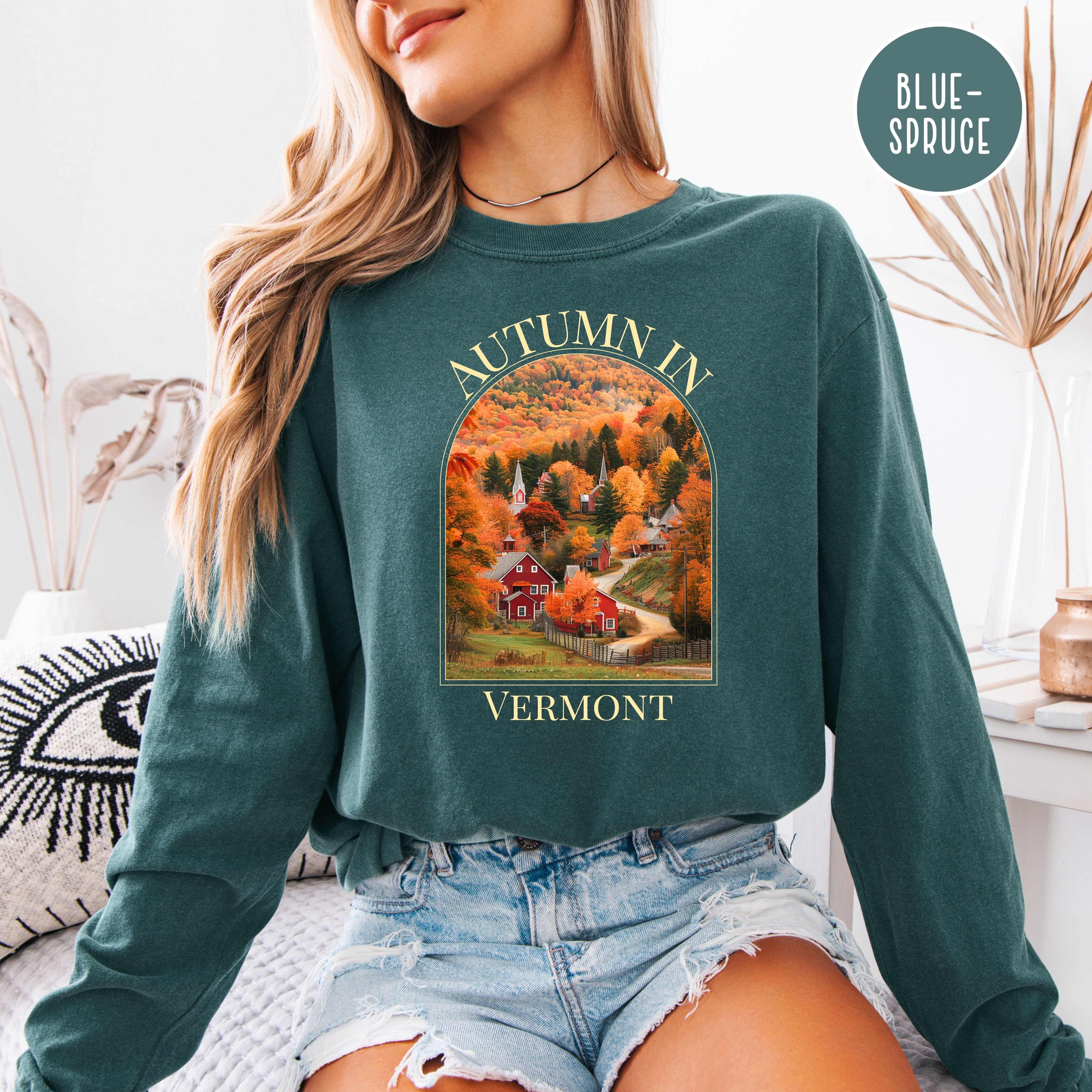 Vermont in Autumn Long Sleeve Comfort Colors T-Shirt, Vermont Vacation Gift