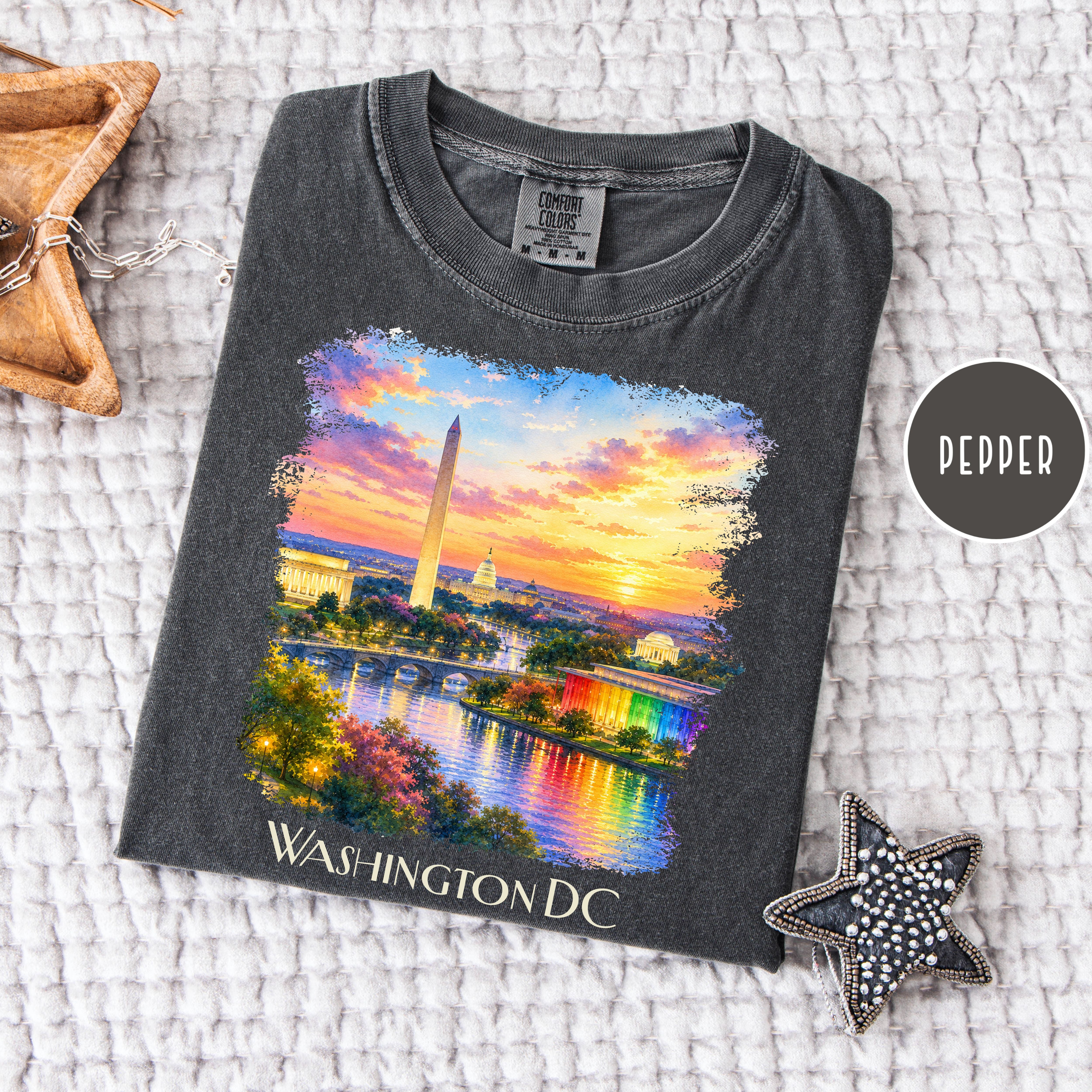 Washington DC at Sunset, Kennedy Center and Washington Monuments Unisex Comfort Colors T-Shirt, Kennedy Center for Pride Washington Travel