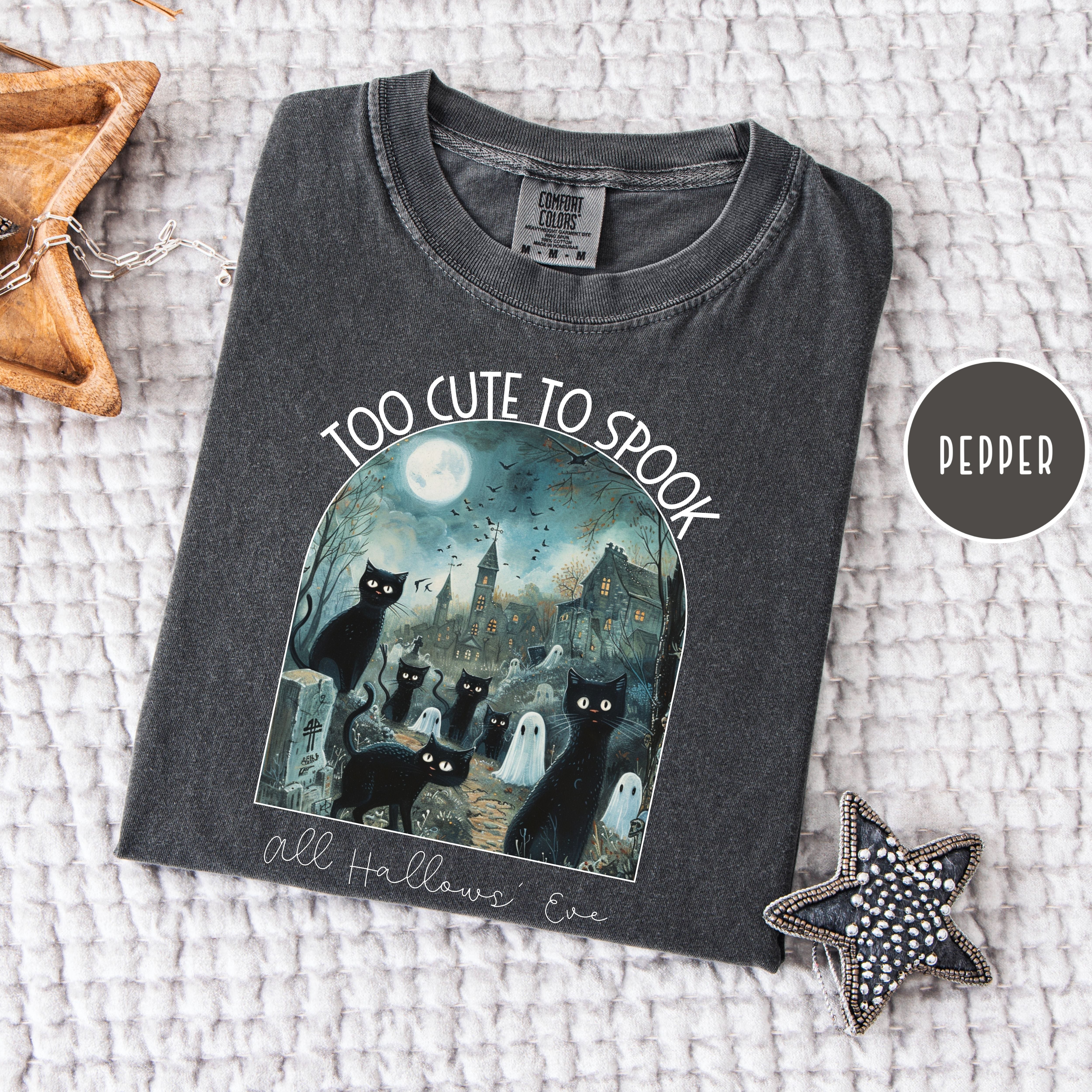 Too Cute To Spook Black Cats in Graveyard Halloween Comfort Colors Tee Shirt
