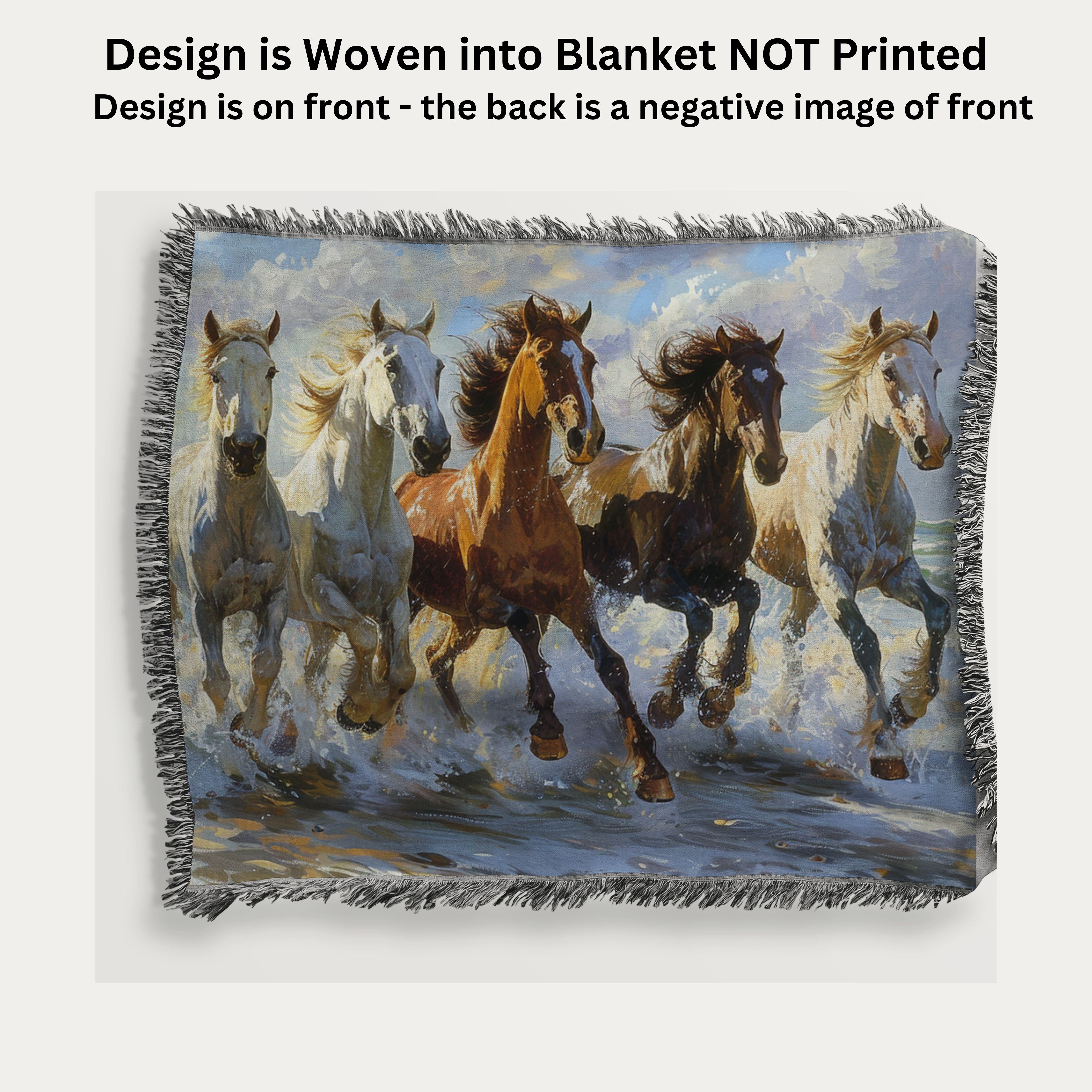 Horses Running On The Beach Hand Woven Throw Blanket, Gift for Horse Lovers, Cozy Living Room Throw Avail in 3 Sizes