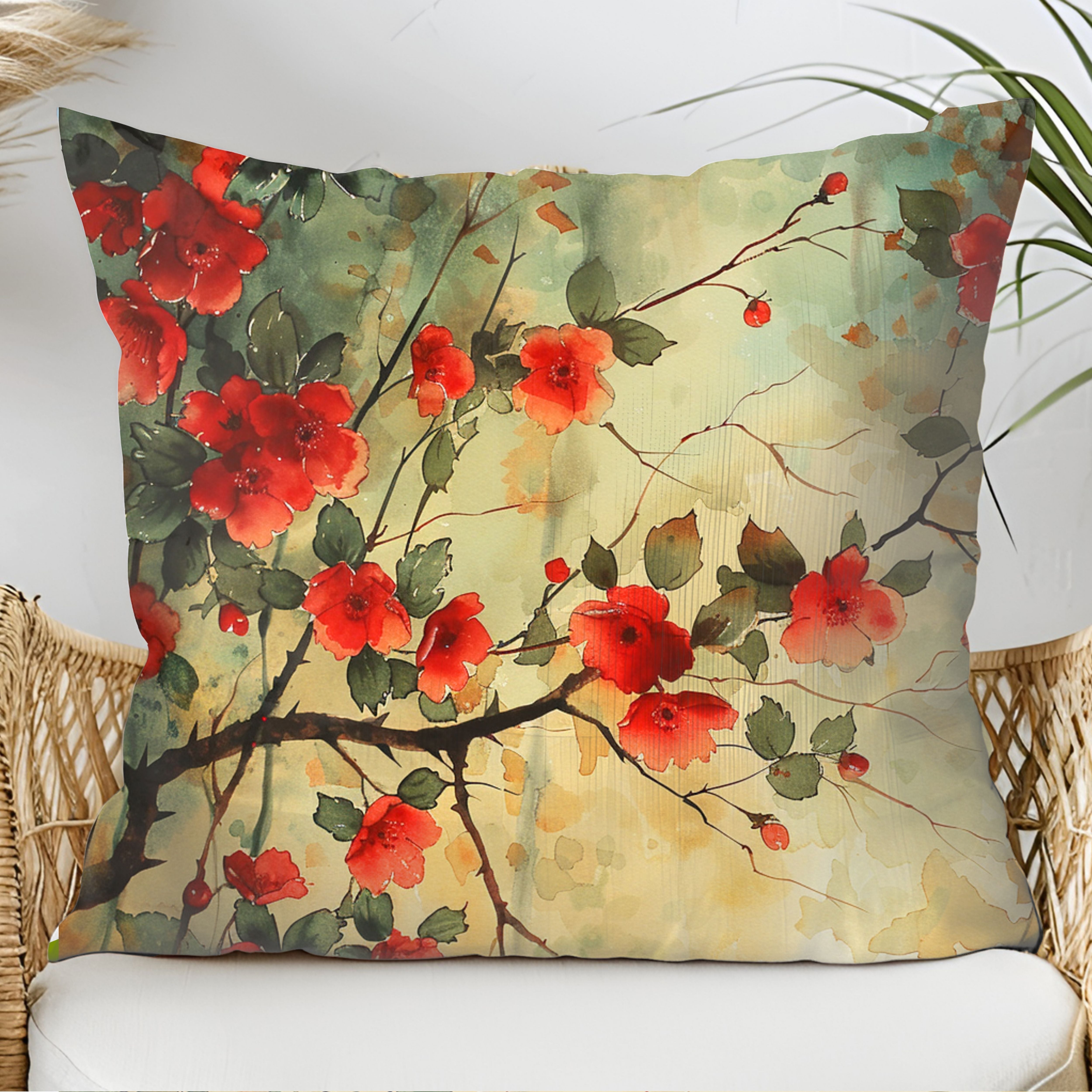 Wispy Red Flowers Decorative Throw Pillows, Design Front & Back