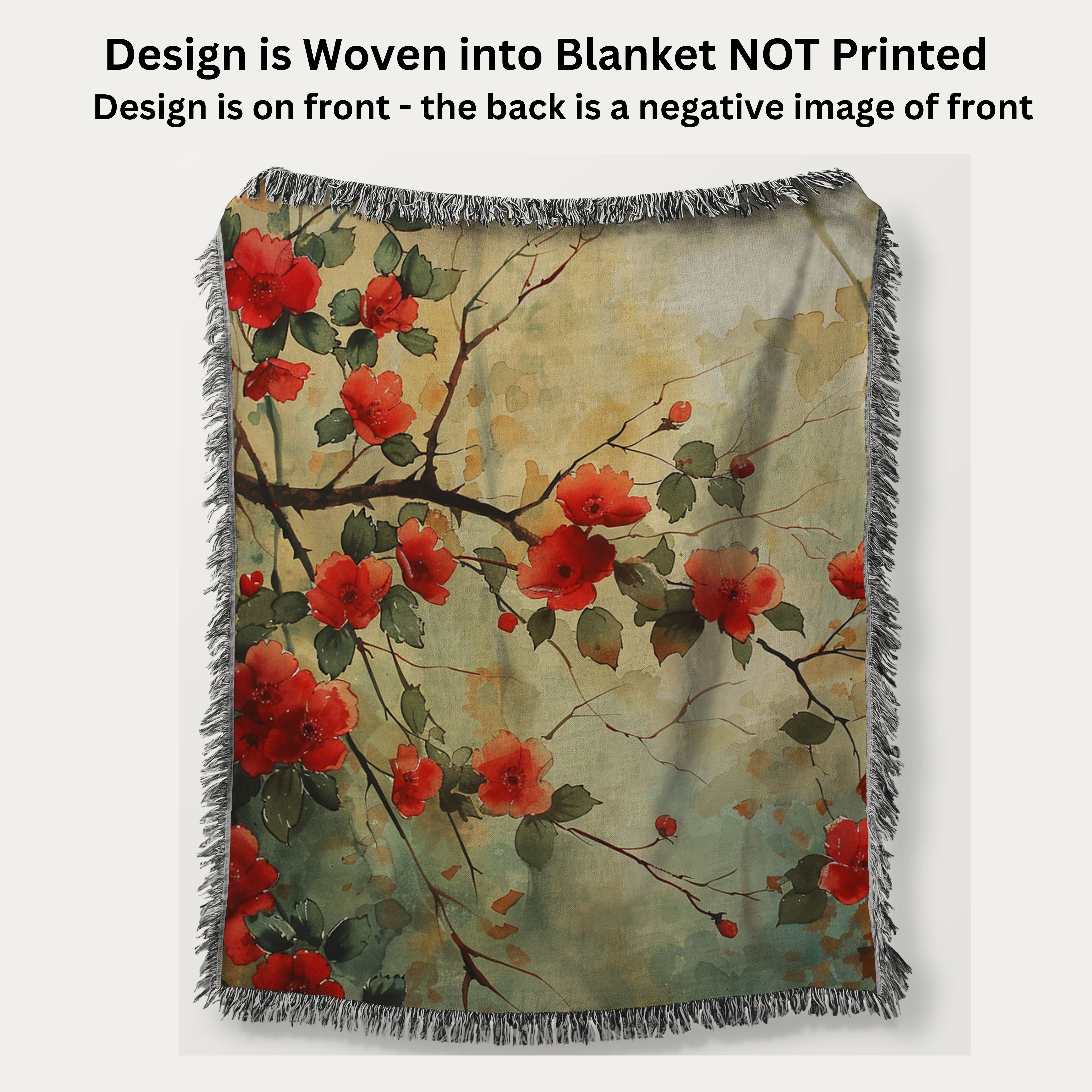 Soft Wispy Red Flowers on Branches Woven Throw Blanket
