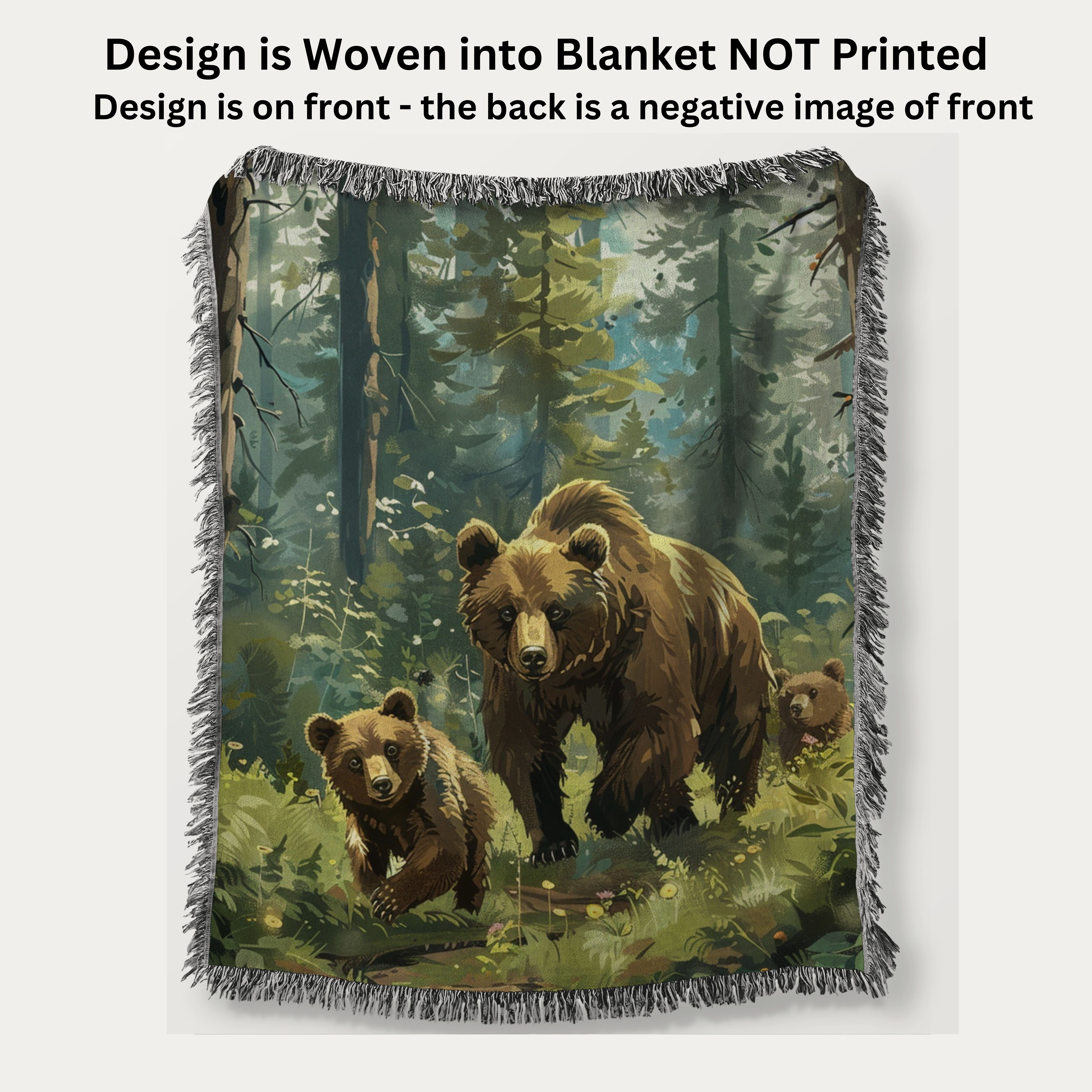 Mama Bear With Cubs In The Forest Woven Throw Blanket