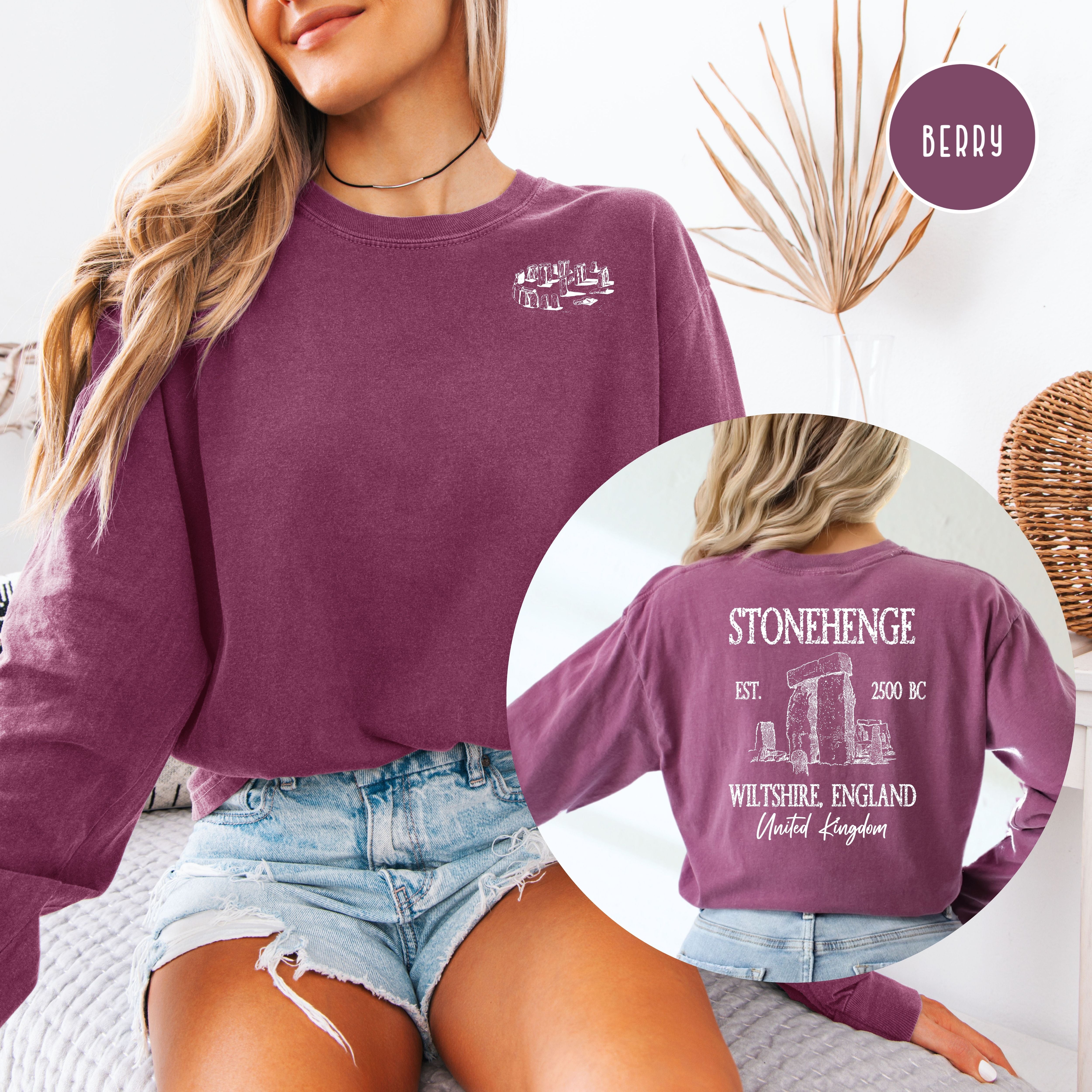 Stonehenge England Grunge Comfort Colors Long Sleeve Tee Design Front & Back