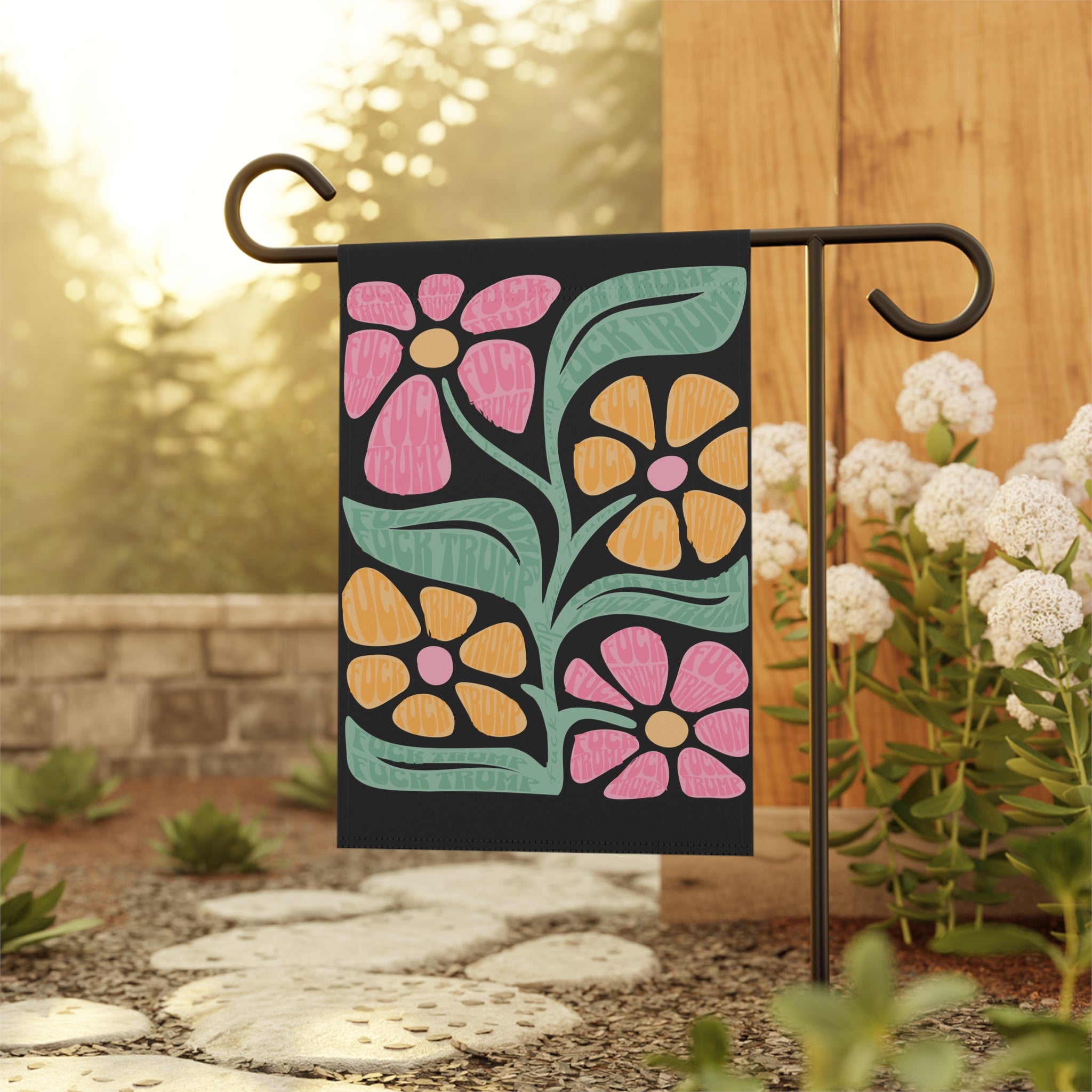 Black Subtle Fuck Trump Flower Garden Flag, Fuck Trump Yard Banner