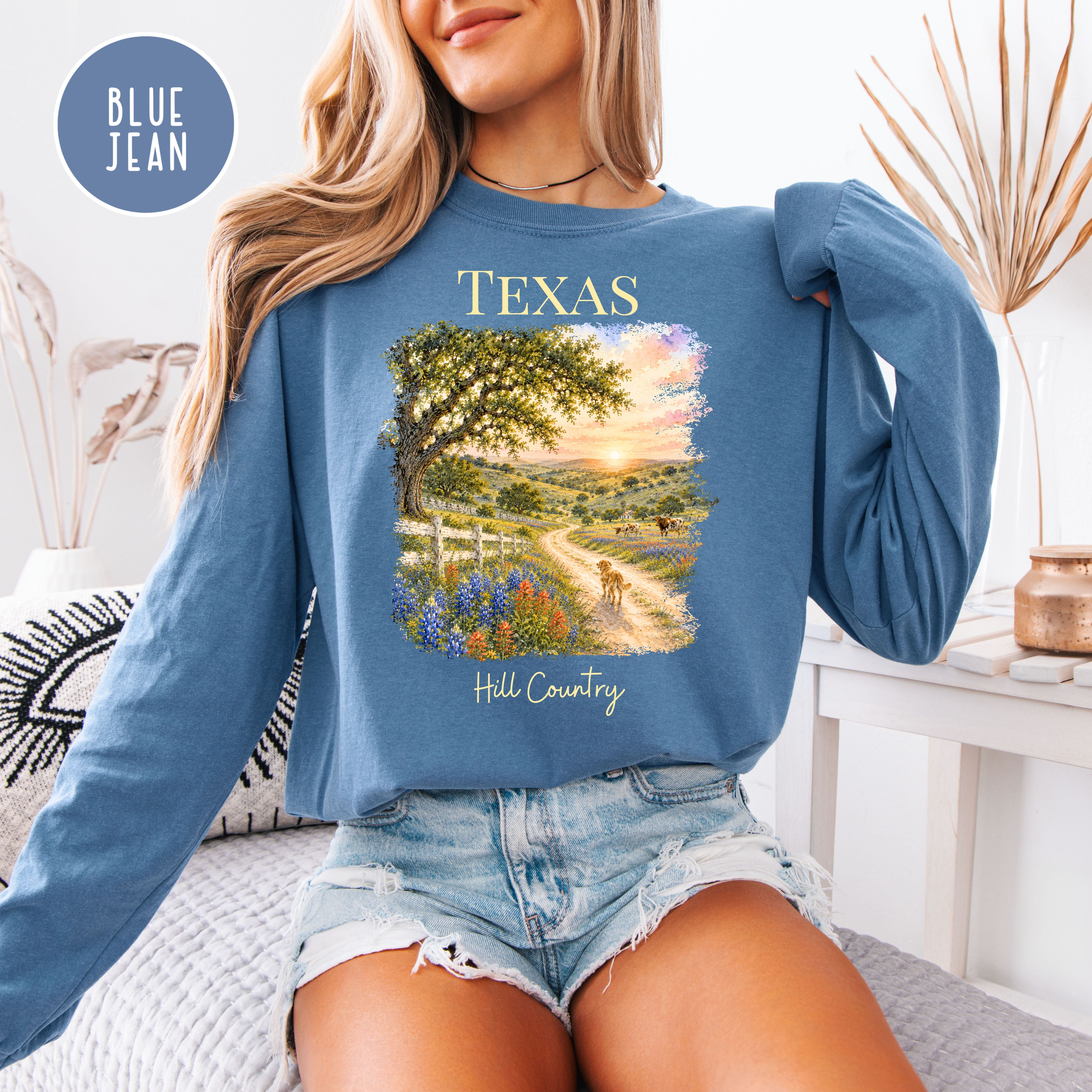 Texas Hill Country Long Sleeve Comfort Colors T-Shirt, Texas Vacation Shirt, Texas Gift Shirt, Texas Travel Gift, Texas Blue Bonnets Shirt